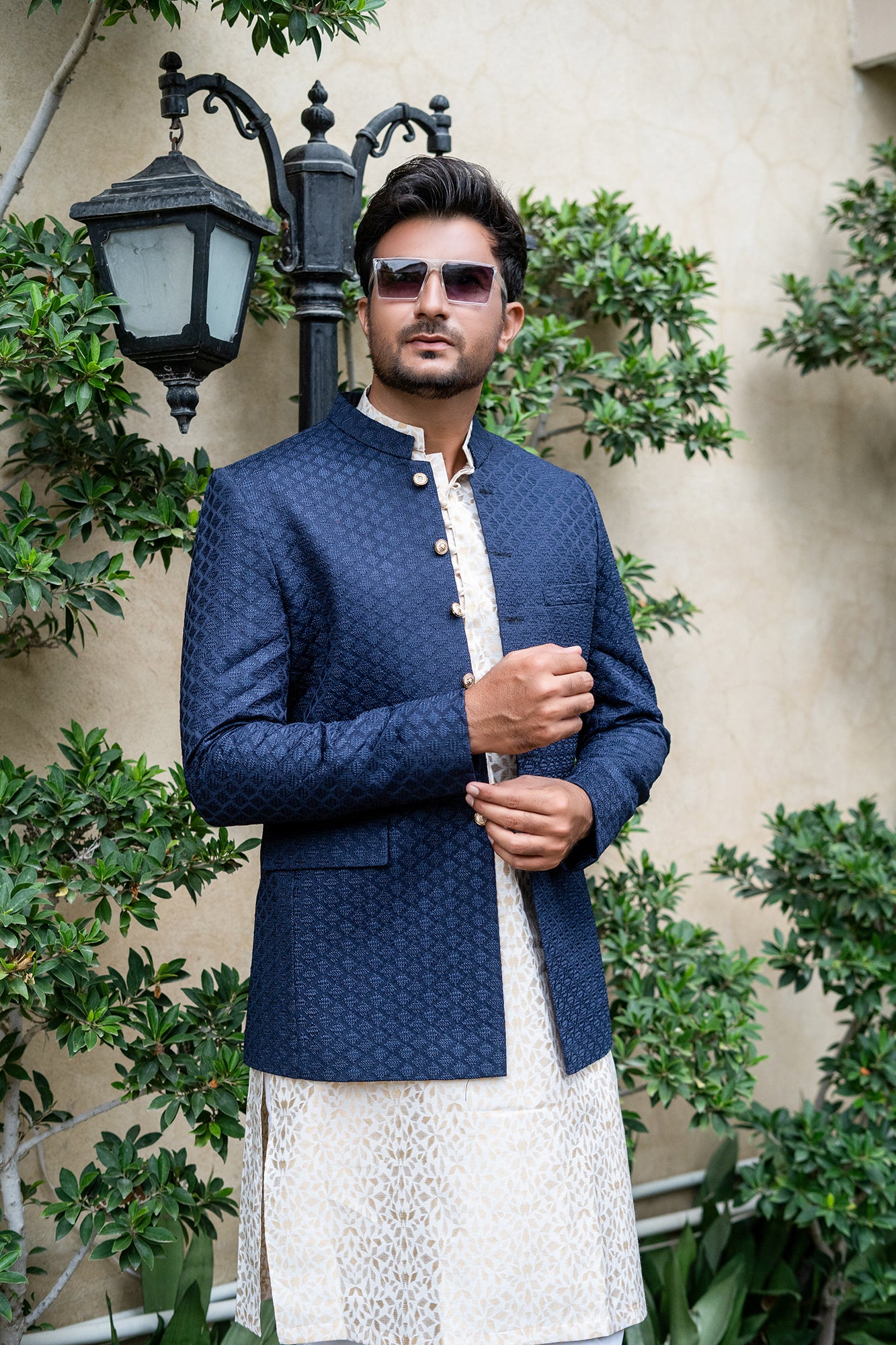 ER 2081 Navy Blue Nehru Jacket Front Open Wedding Prince Coat mashalcouture.com