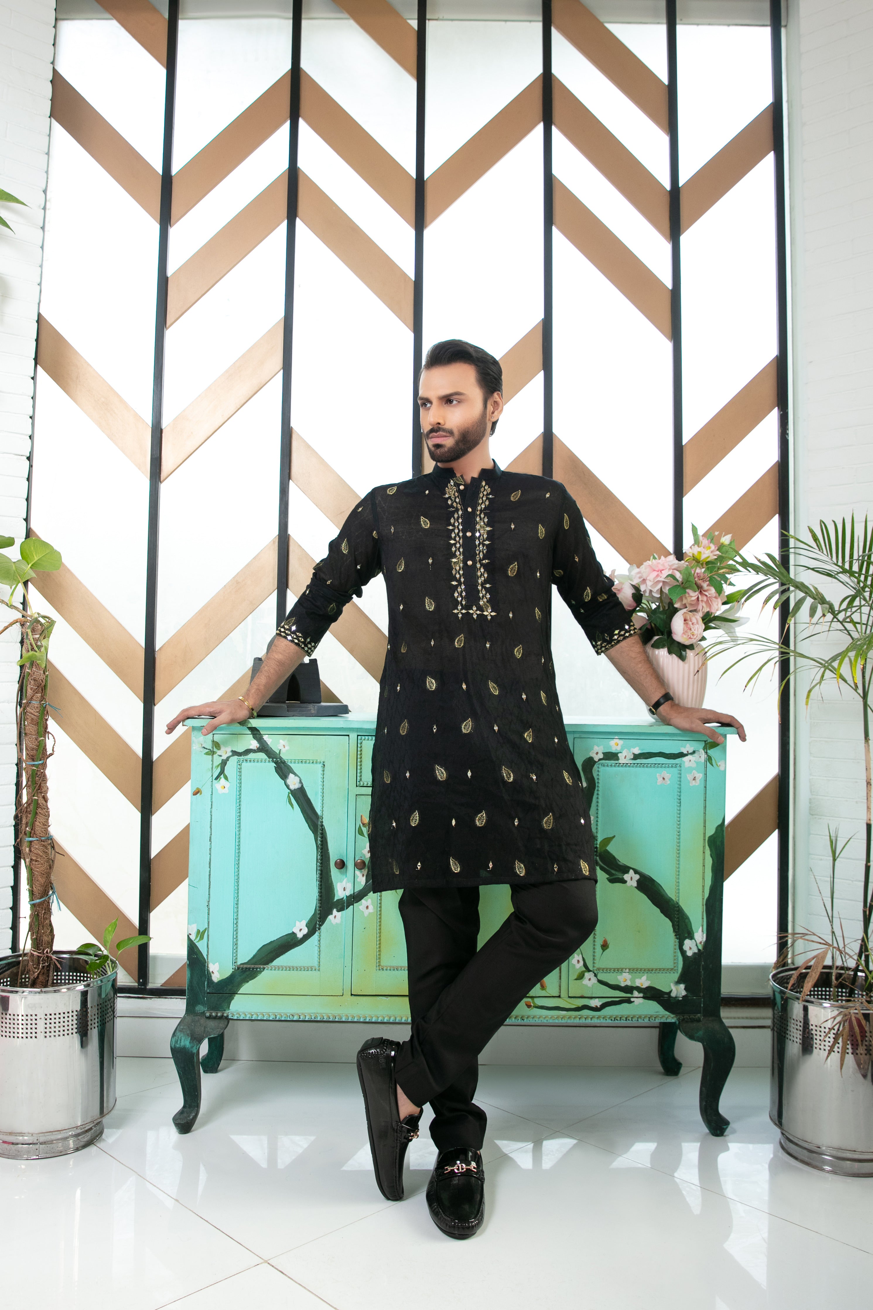 ER MR 34 Black Mirror Embroidery Kurta Pajama