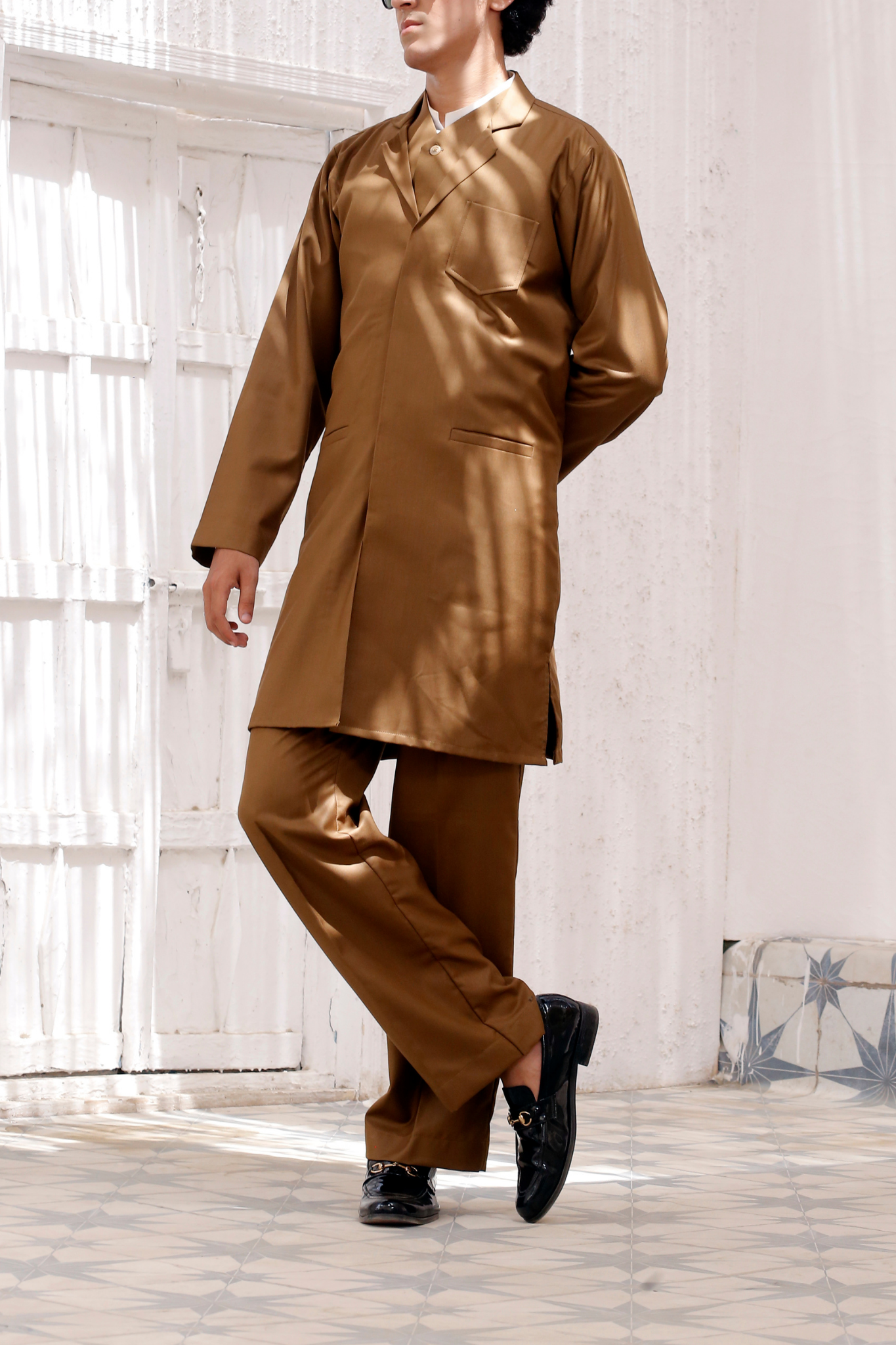 Tan 3-Piece Coord Set – Adjustable Pants, Waistcoat & Front-Open Short Kurta