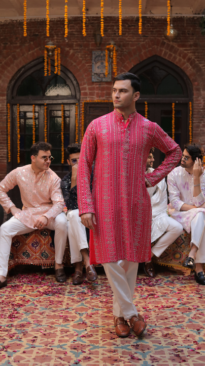 MR 73 Pink Embroidered Chanderi Kurta for Men