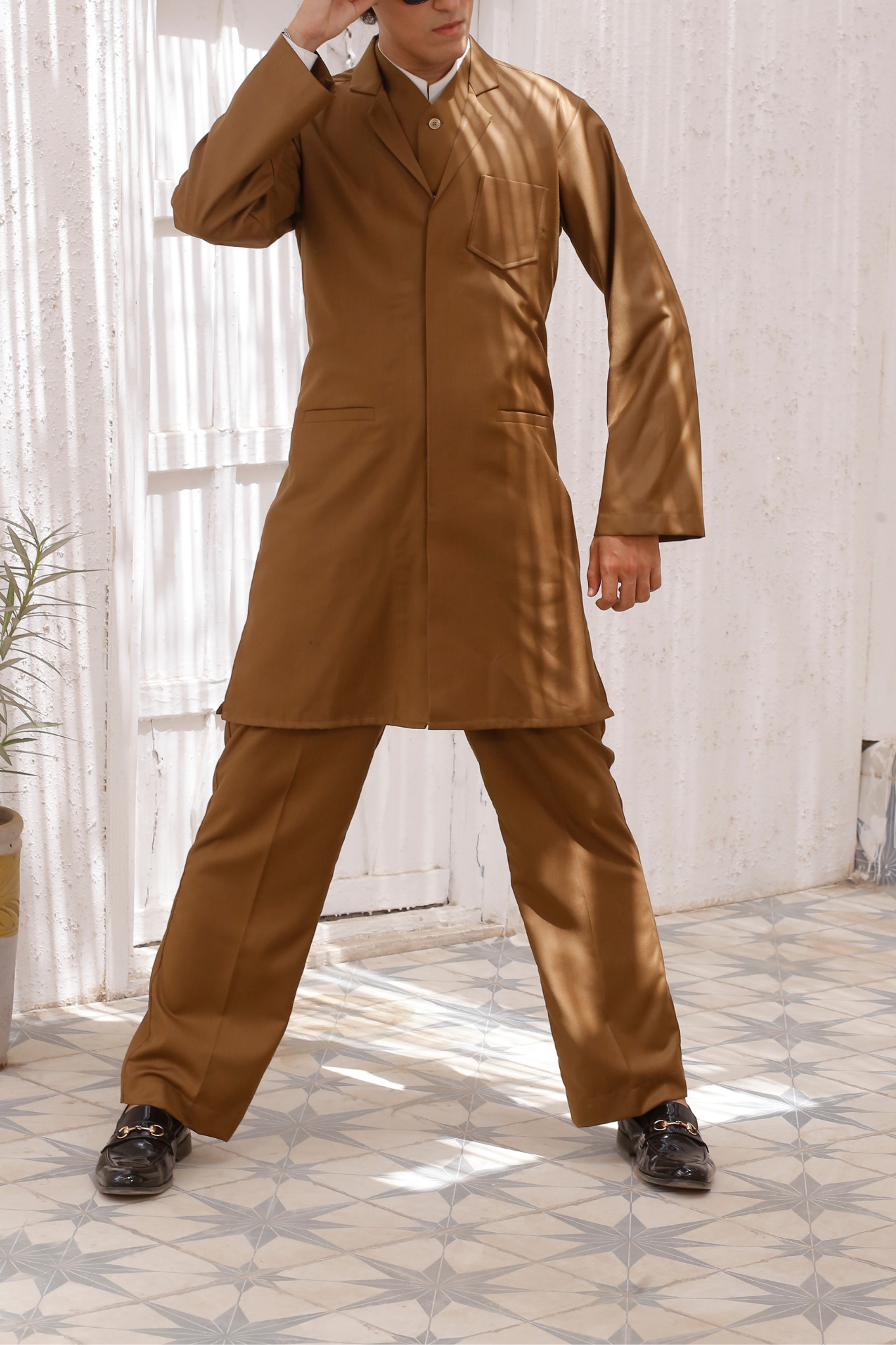 Tan 3-Piece Coord Set – Adjustable Pants, Waistcoat & Front-Open Short Kurta