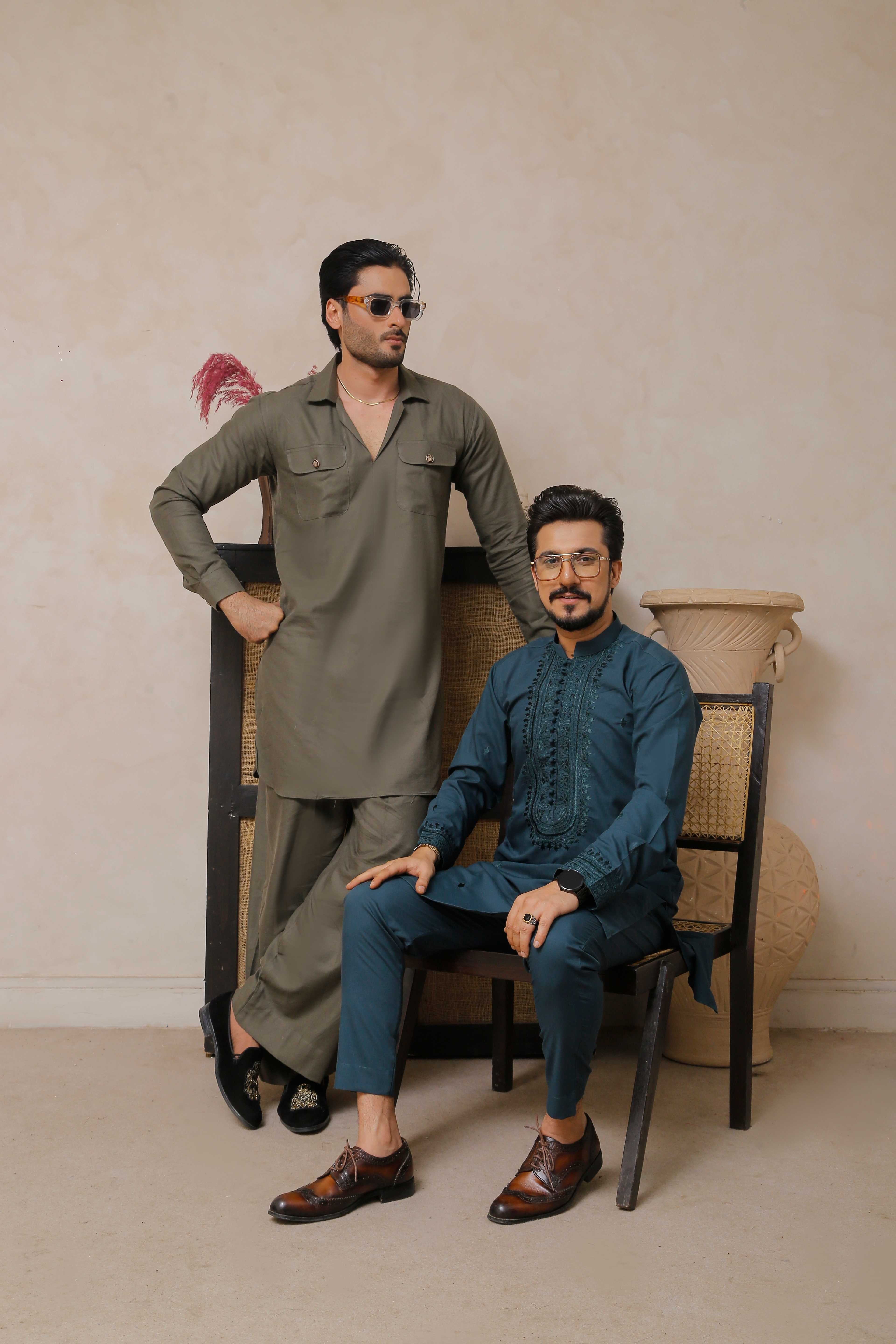 ER 801 Olive Green Kurta With Farshi Pajama