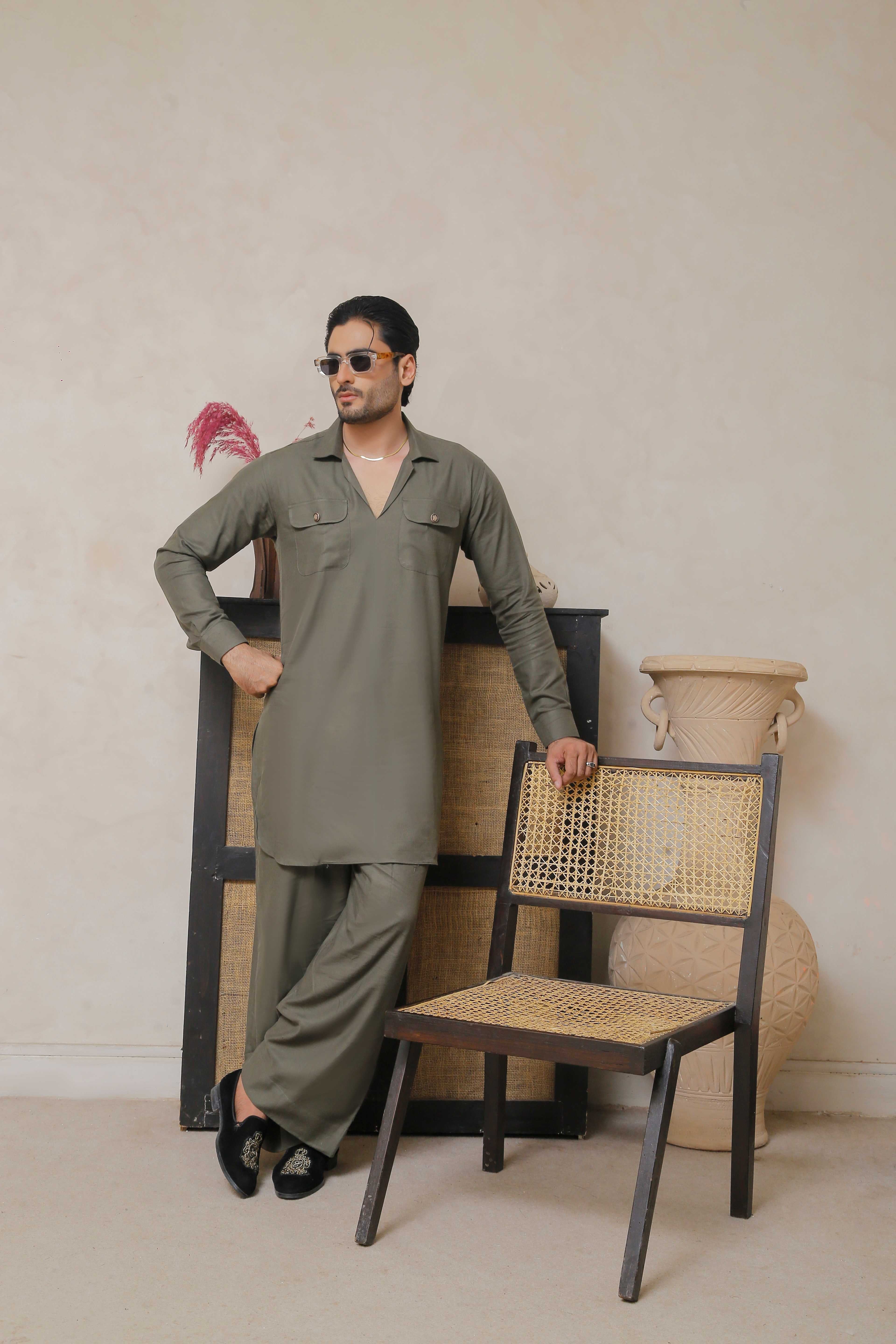 ER 801 Olive Green Kurta With Farshi Pajama