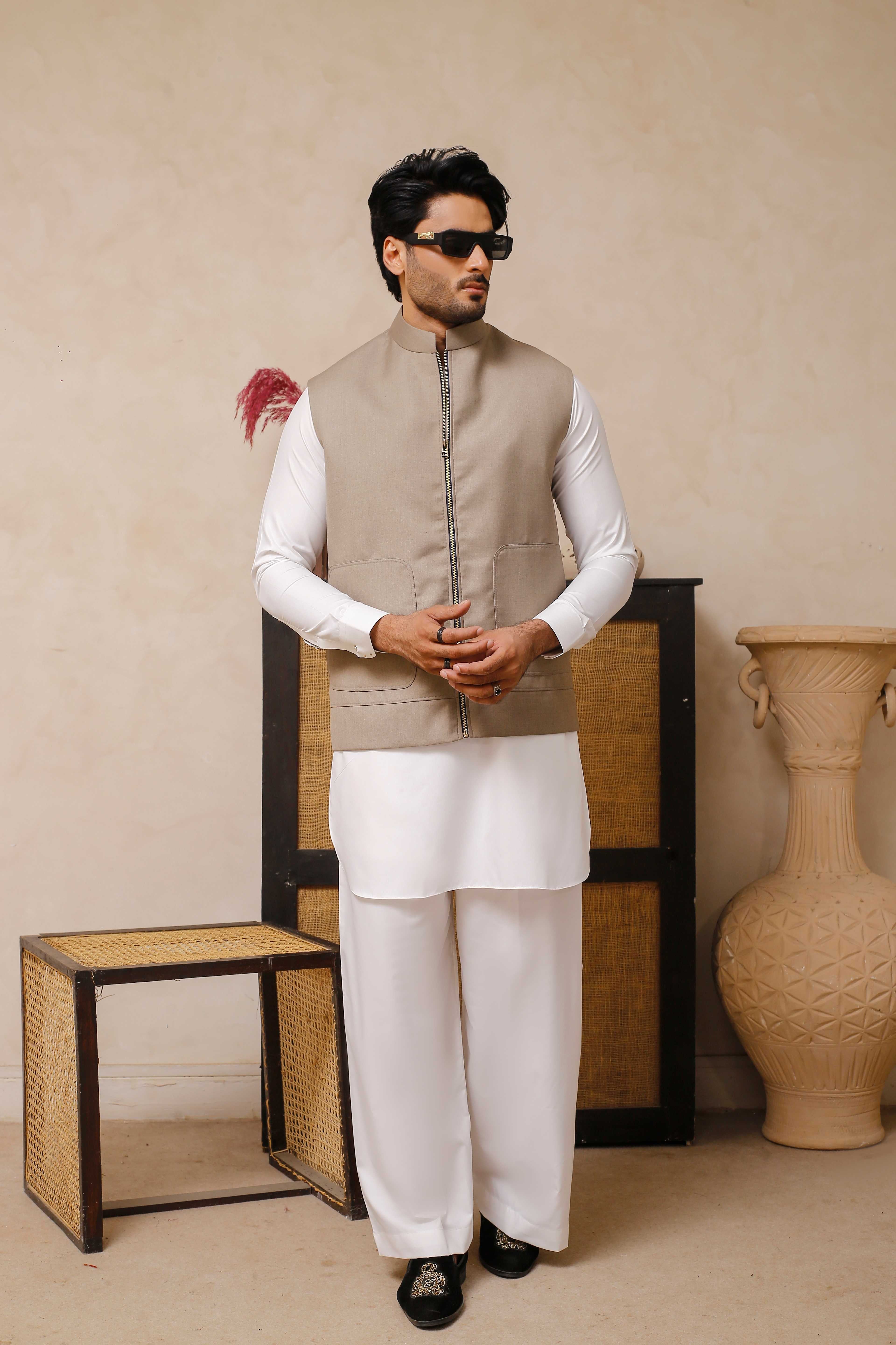 ER 799 White Executive Shalwar Kameez With Beige WaistCoat