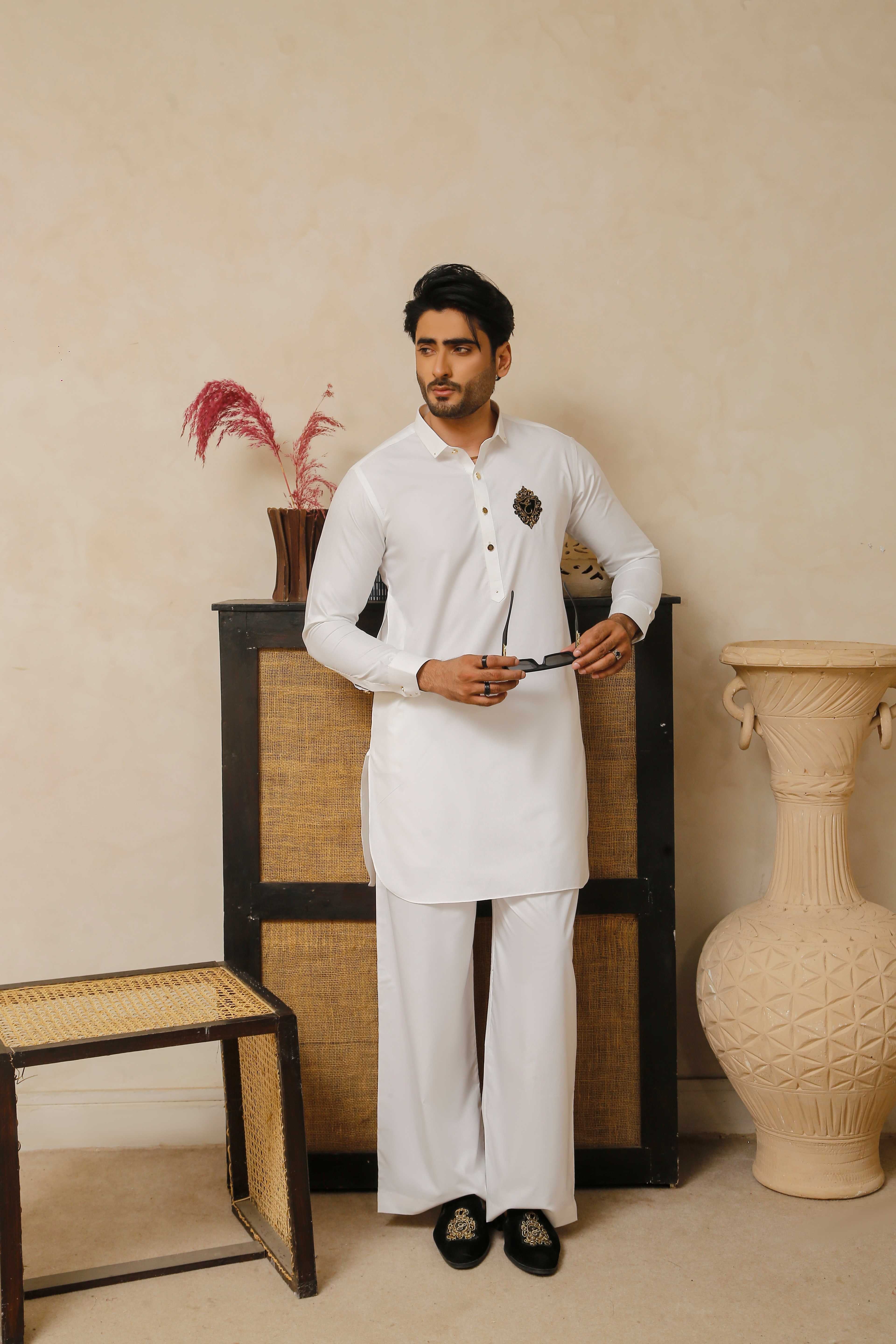 ER 799 White Executive Shalwar Kameez With Beige WaistCoat