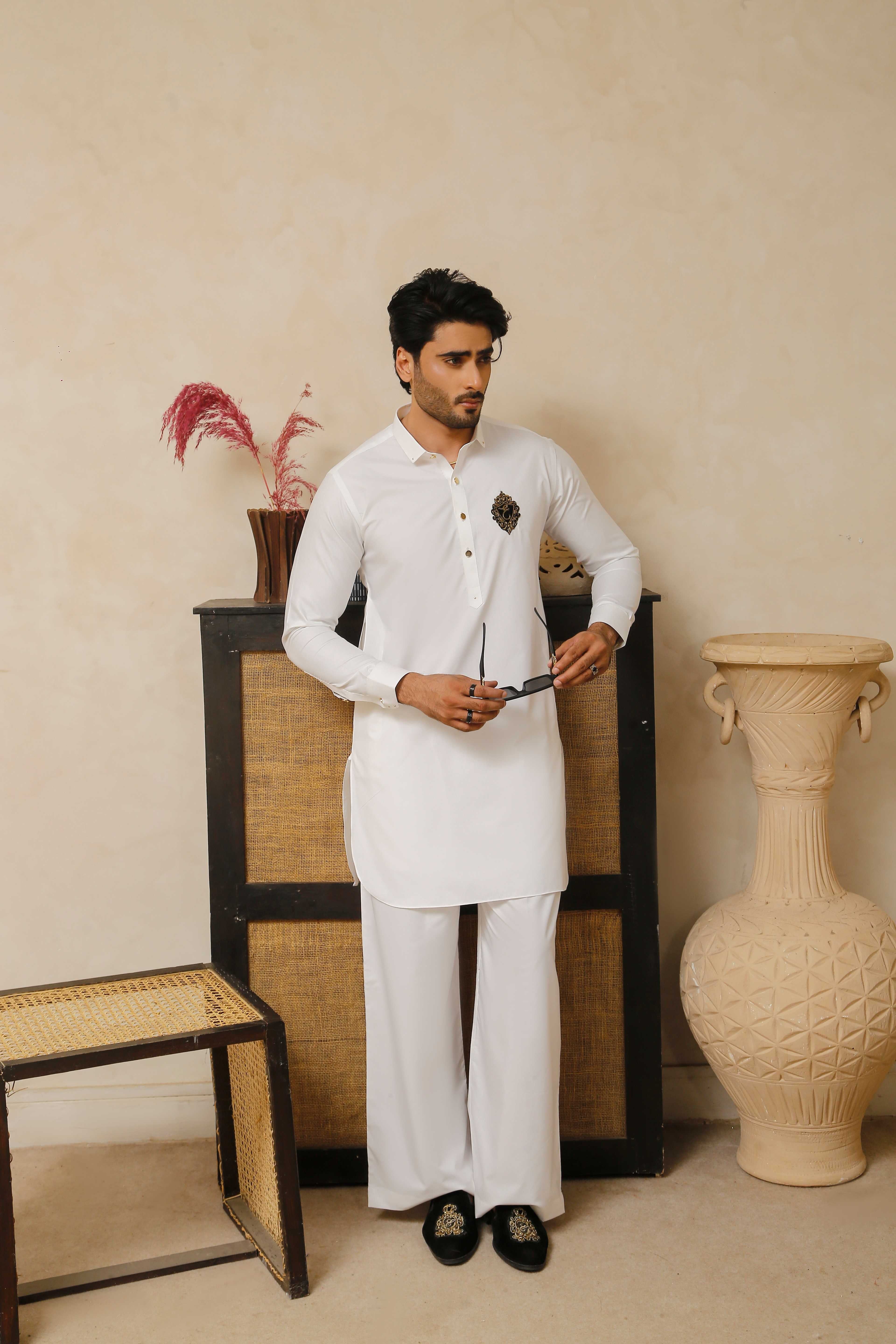 ER 799 White Executive Shalwar Kameez With Beige WaistCoat