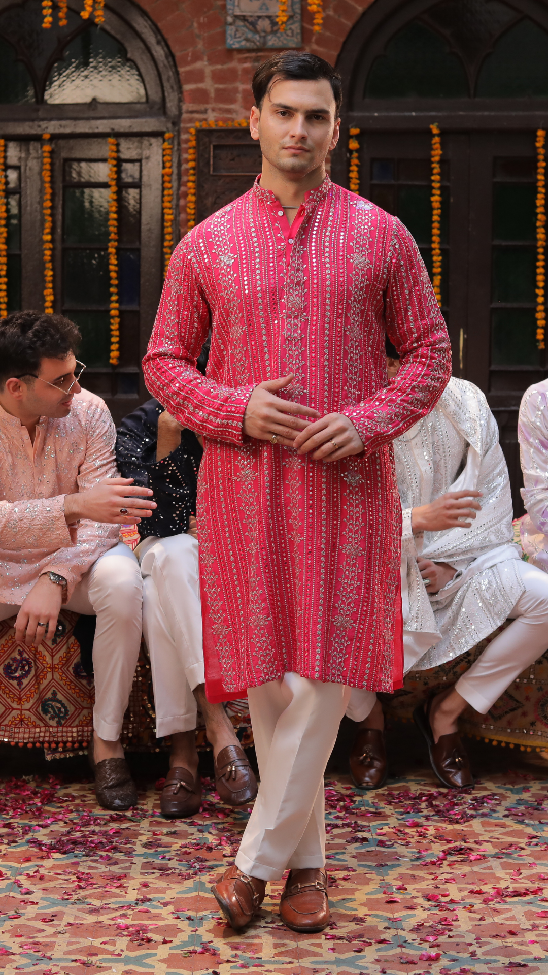 MR 73 Pink Embroidered Chanderi Kurta for Men