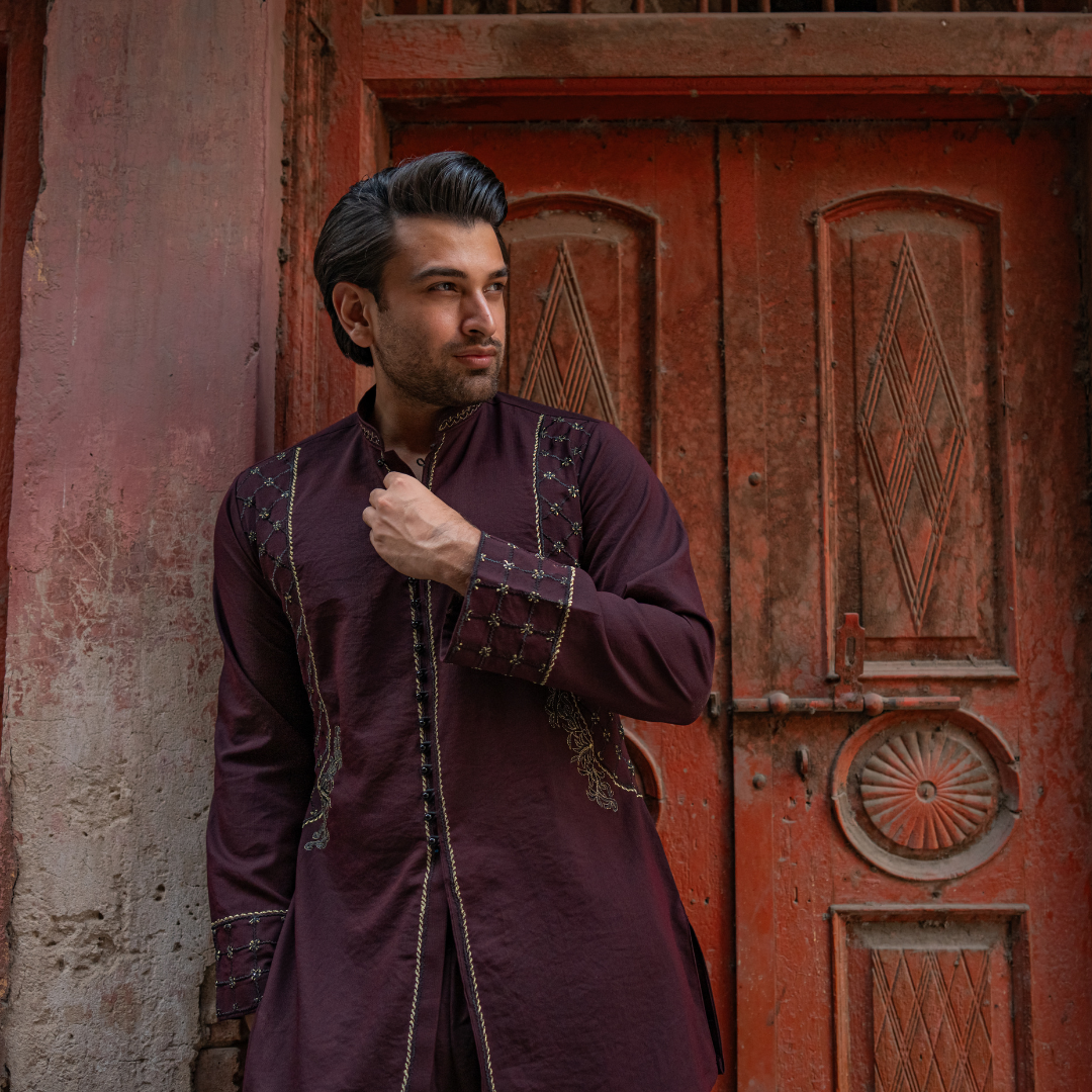 CK 753 Maroon Short Embroidered Kurta With Bell Bottom Trouser