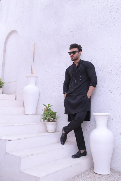 ER MR 43 Black Mirror Work PV Fabric Kurta Pajama Mirror Work For Men