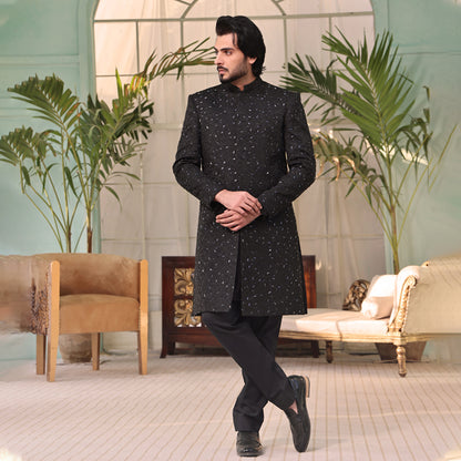 ER SH 110 Black Hand Work Sherwani For Groom