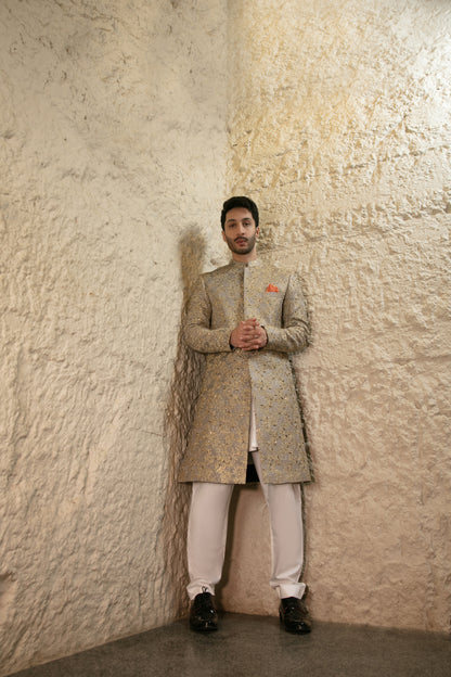 ER SH 108 Grey Gold Hand Work Sherwani For Groom