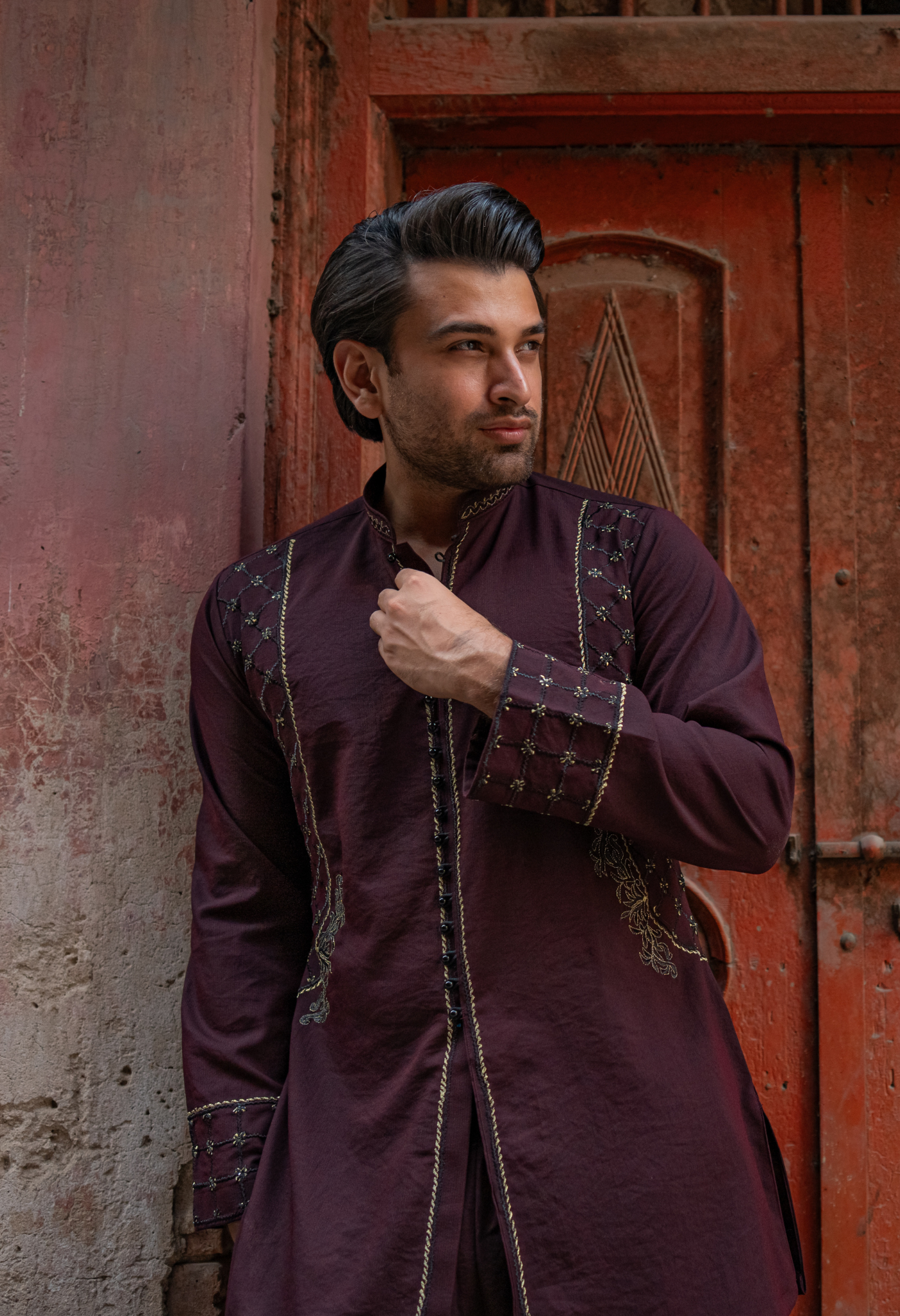 CK 753 Maroon Short Embroidered Kurta With Bell Bottom Trouser