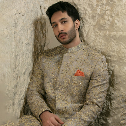 ER SH 108 Grey Gold Hand Work Sherwani For Groom