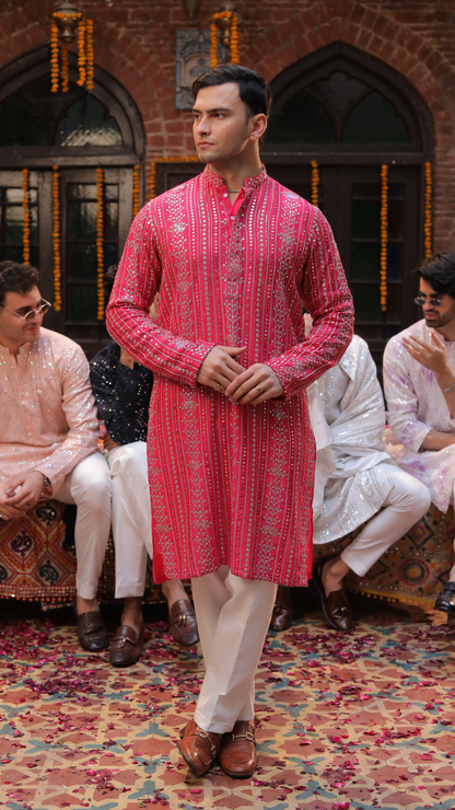 MR 73 Pink Embroidered Chanderi Kurta for Men