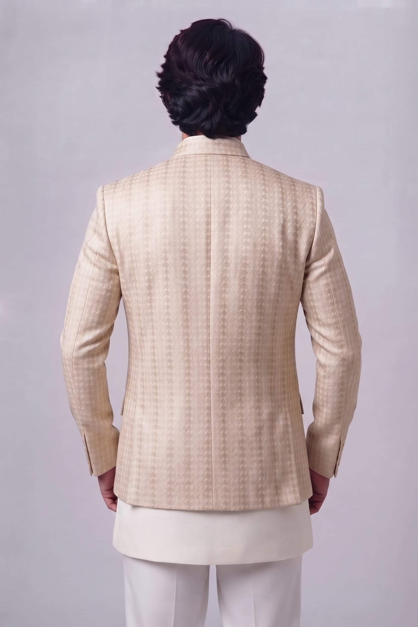 ER 3029 Beige  Embroidered Front Open Prince Coat with Kurta & Trousers Set