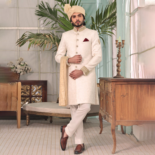 ER SH 106 White Vegenza Hand Work Sherwani For Groom