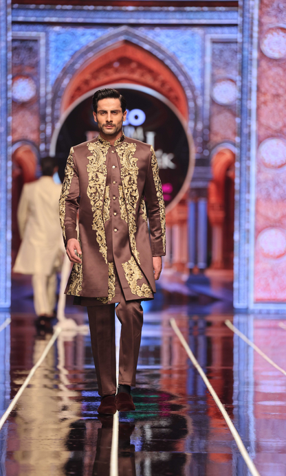 BCW 64 Brown Groom Sherwani With Long Inner Coat