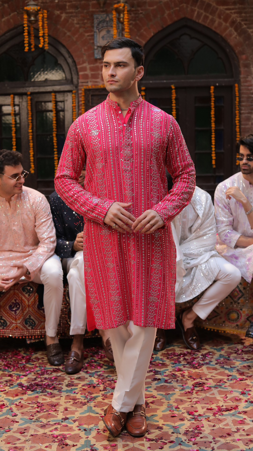 MR 73 Pink Embroidered Chanderi Kurta for Men