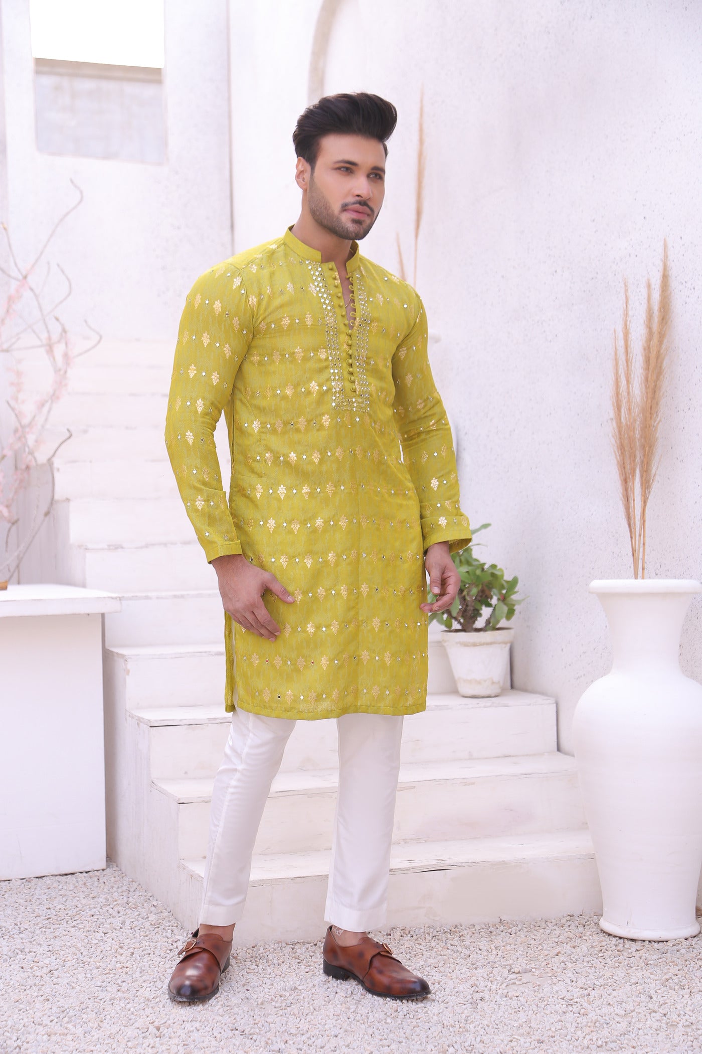 ER MR 44  FLouroscent Self Cotton Silk Fabric Kurta Pajama Mirror Work For Men