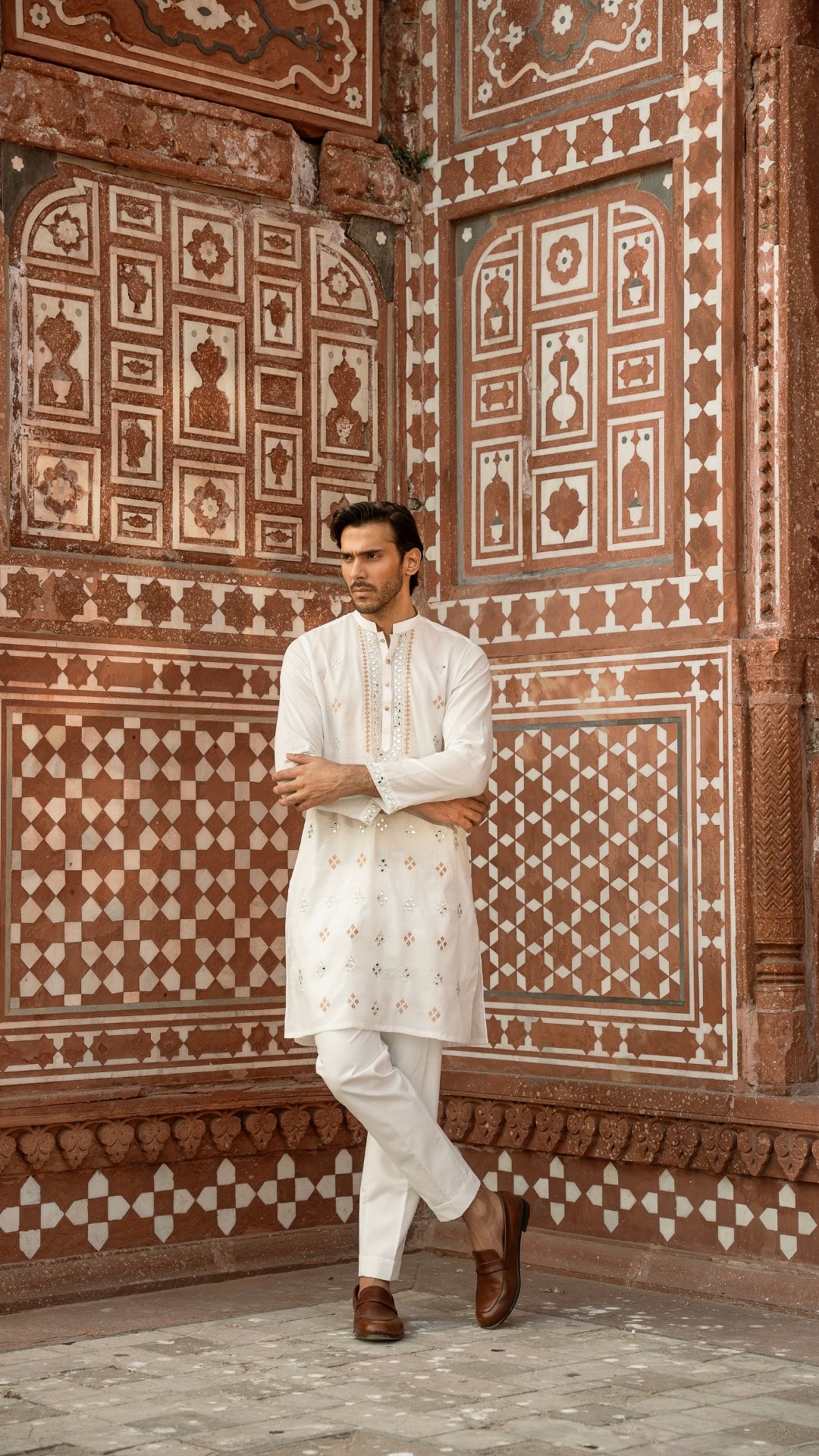 MR 65 White Mirror Work Kurta For Men