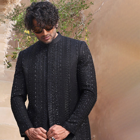 ER SH 102 Black Hand Work Sherwani For Groom