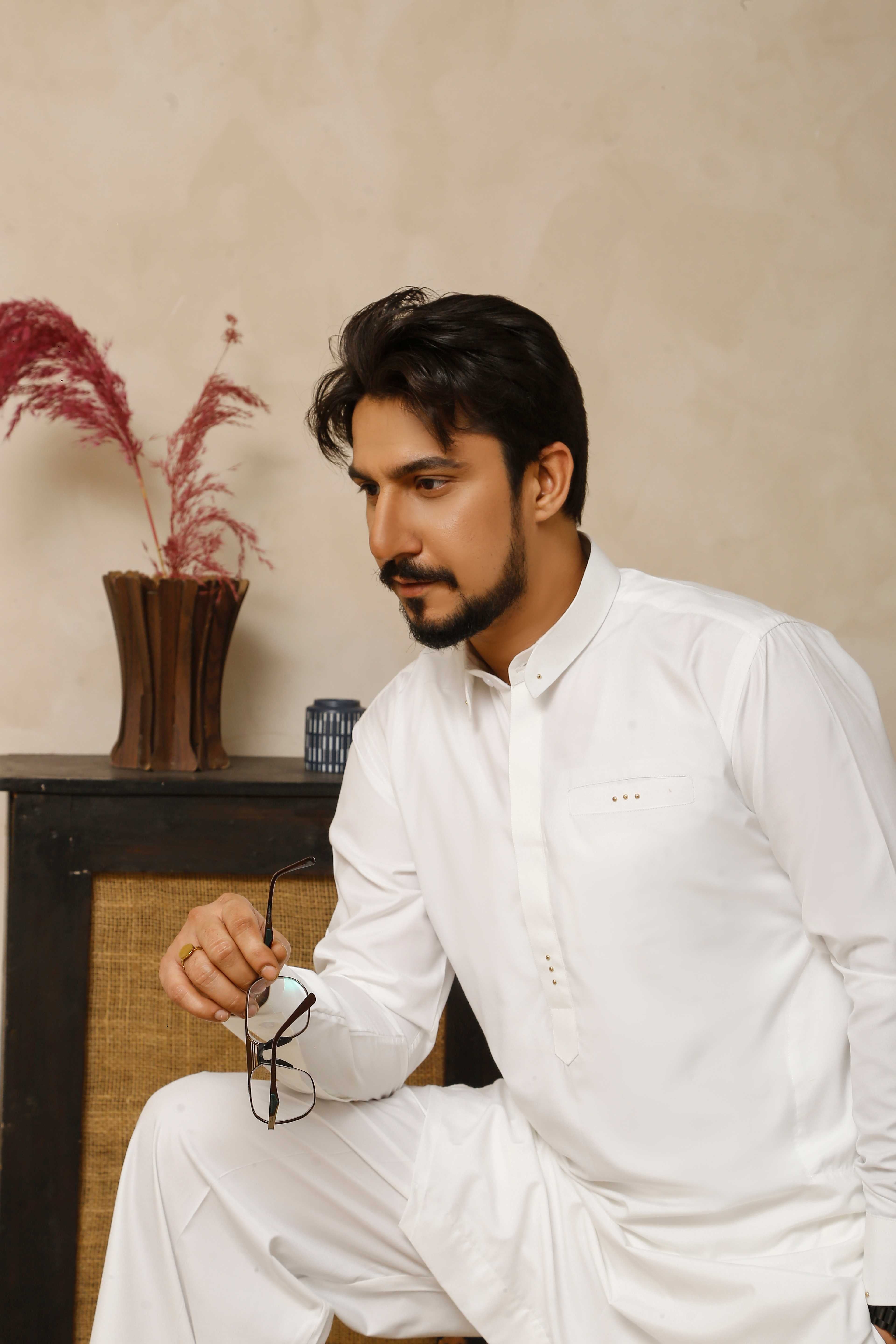 ER 806 Shining White Executive Kameez Farshi Shalwar