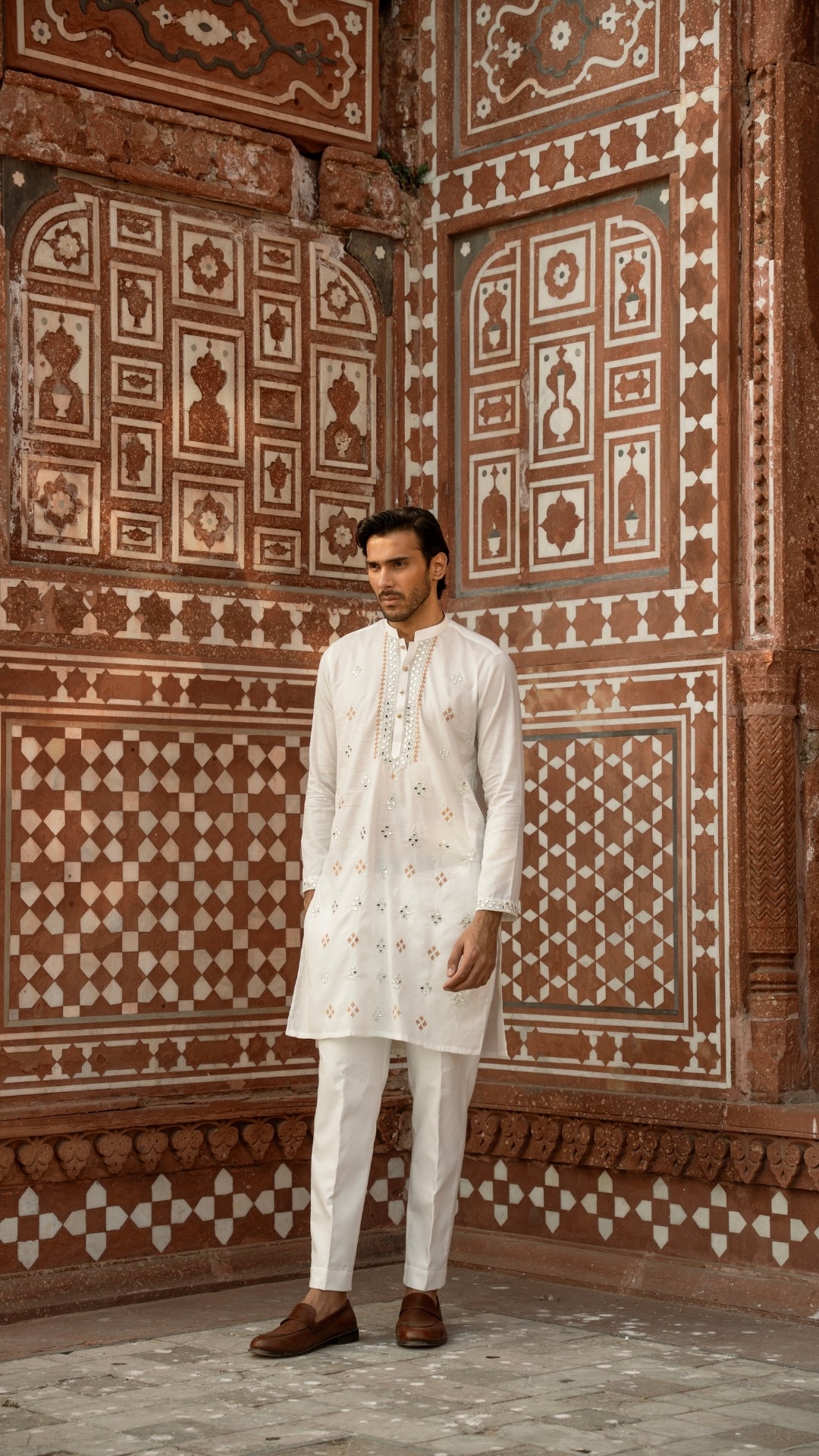 MR 65 White Mirror Work Kurta For Men