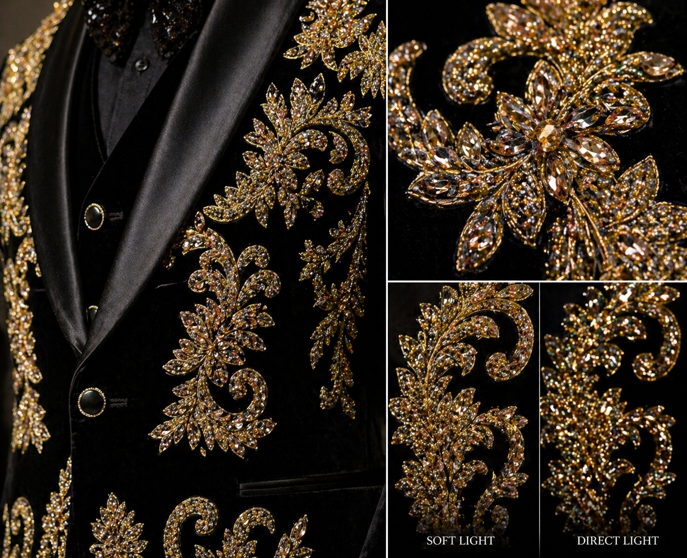 Black suit jacket with gold floral embroidery