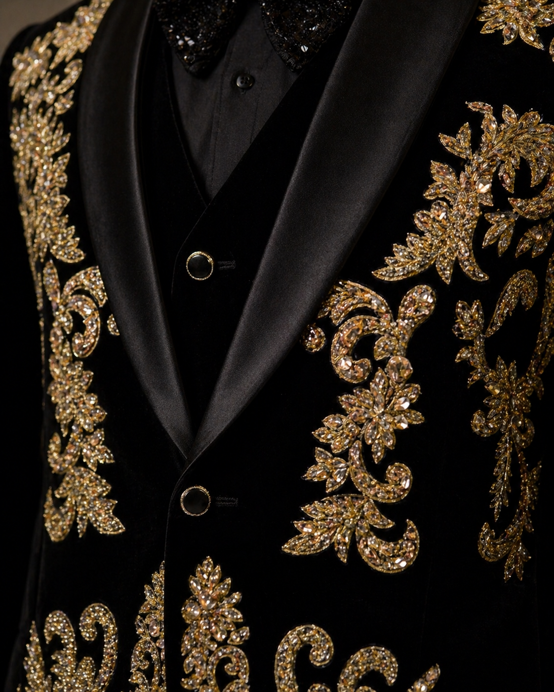 Black tuxedo with gold embroidery on a dark background