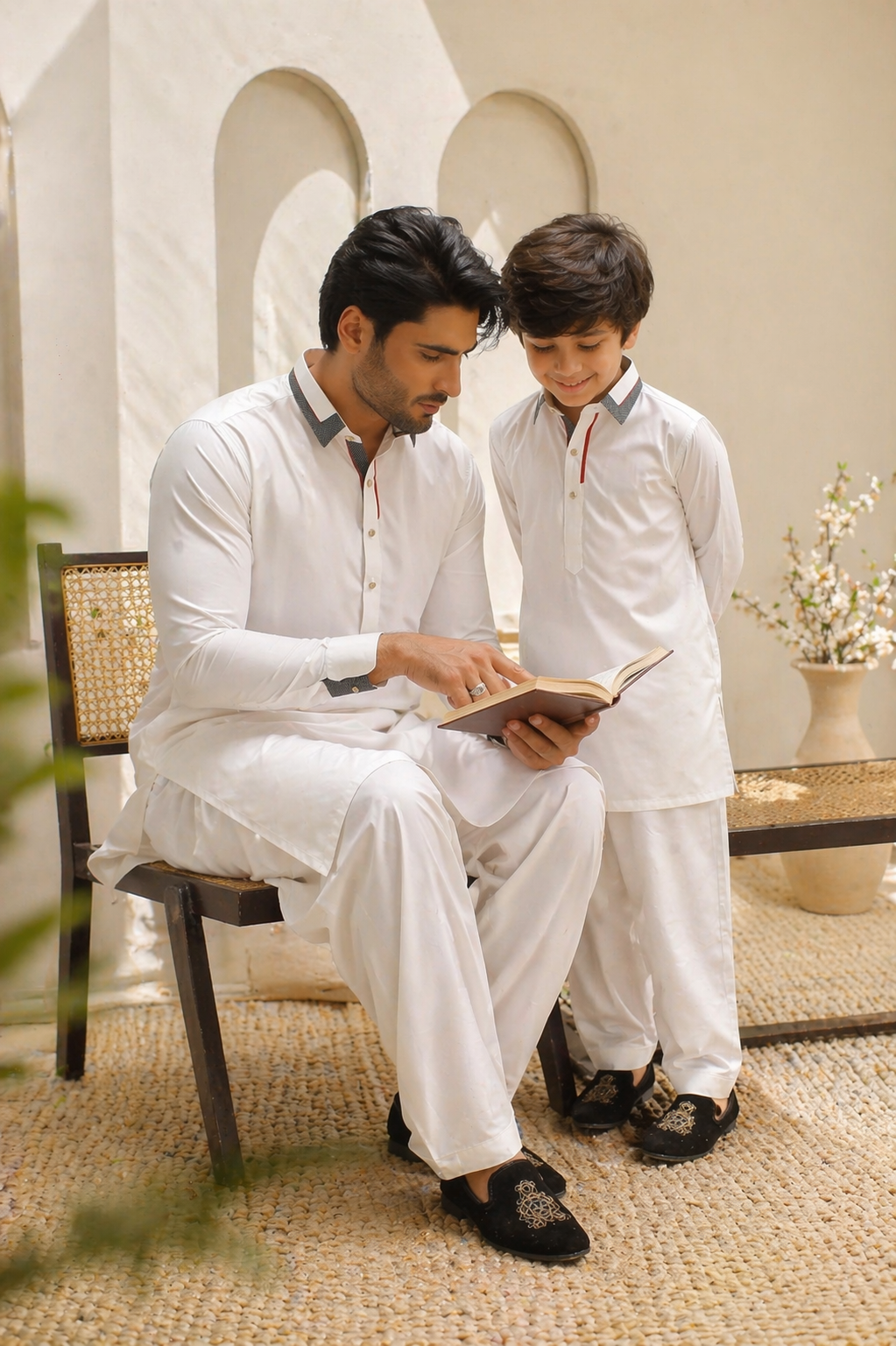 Classic white kurta for dad and son traditional wear