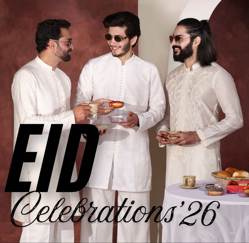 Three men in white traditional attire celebrating Eid, with text 'EID Celebrations'26'.