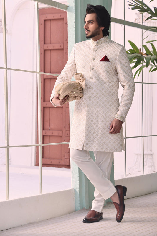 White Vegenza Hand Work Sherwani For Groom