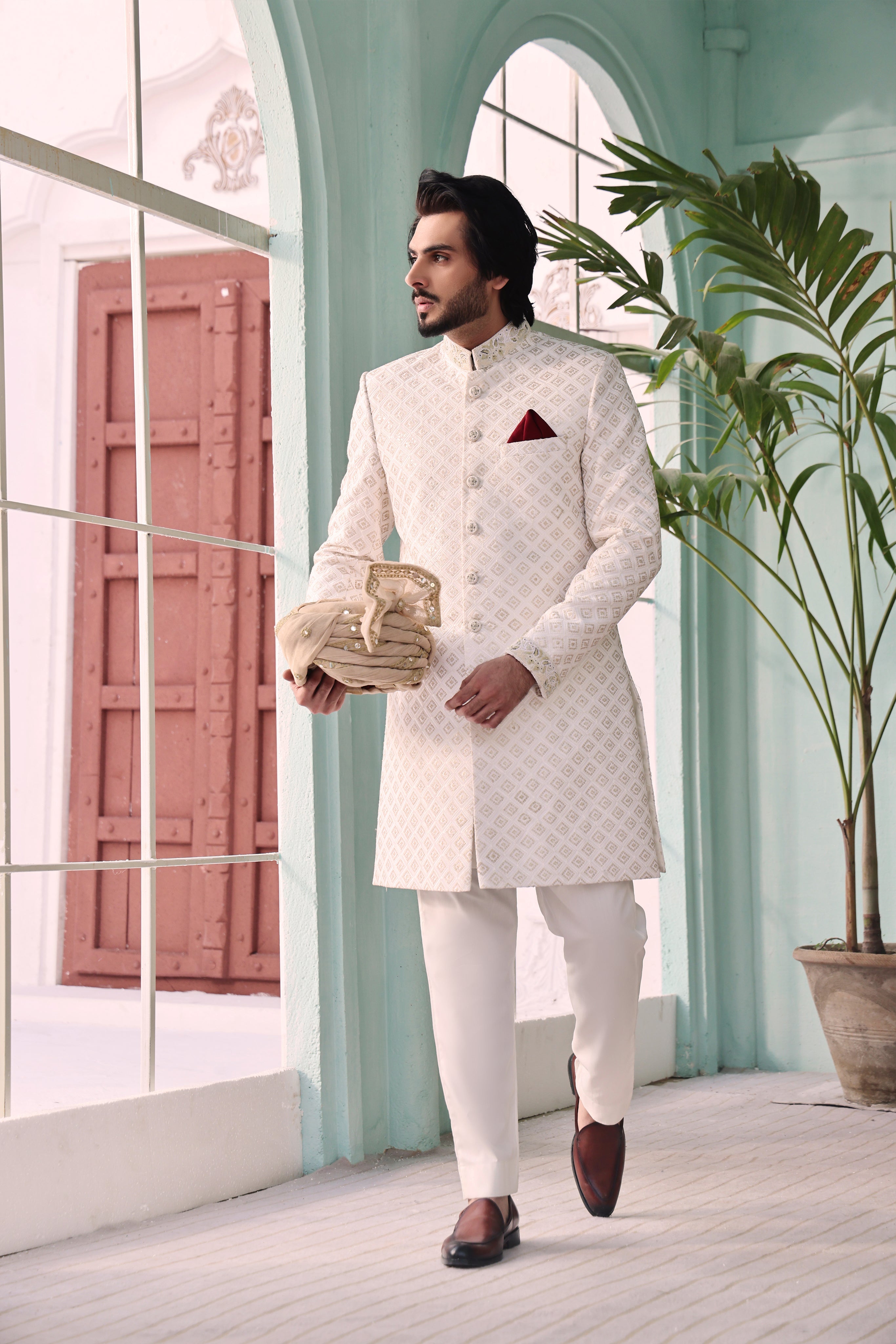 White Vegenza Hand Work Sherwani For Groom