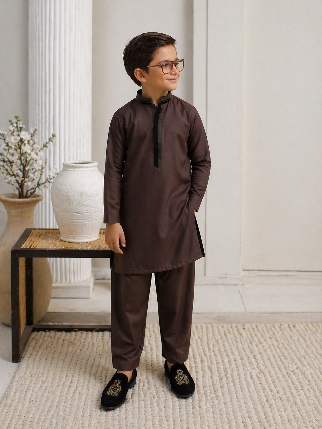 Elegant brown kurta shalwar matching duo