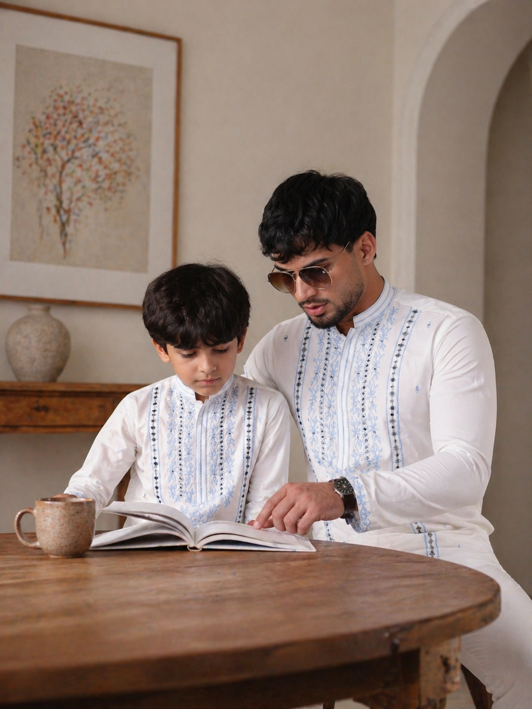 Elegant mirror work kurta for dad and son
