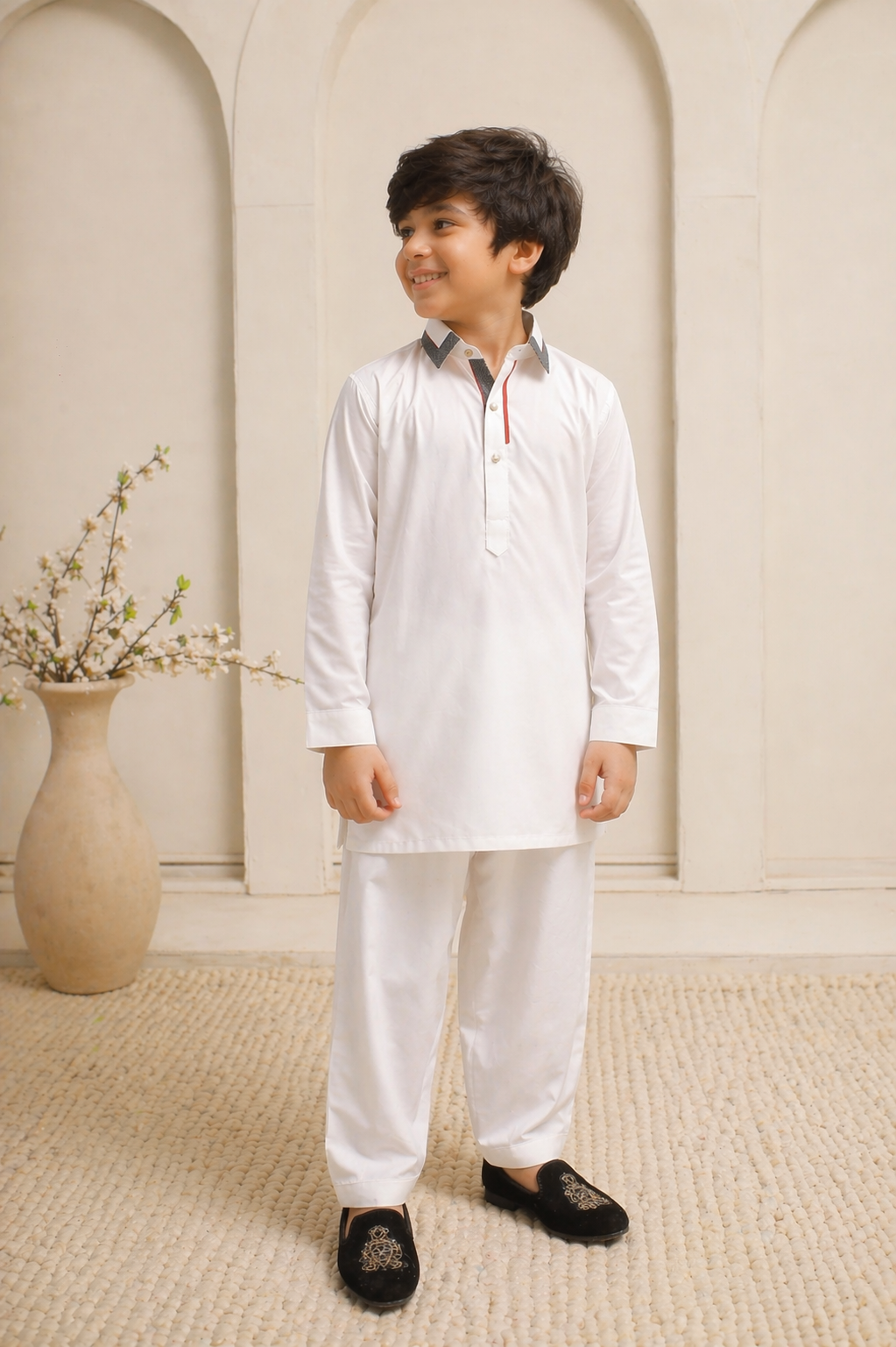 Elegant white kurta shalwar family matching set