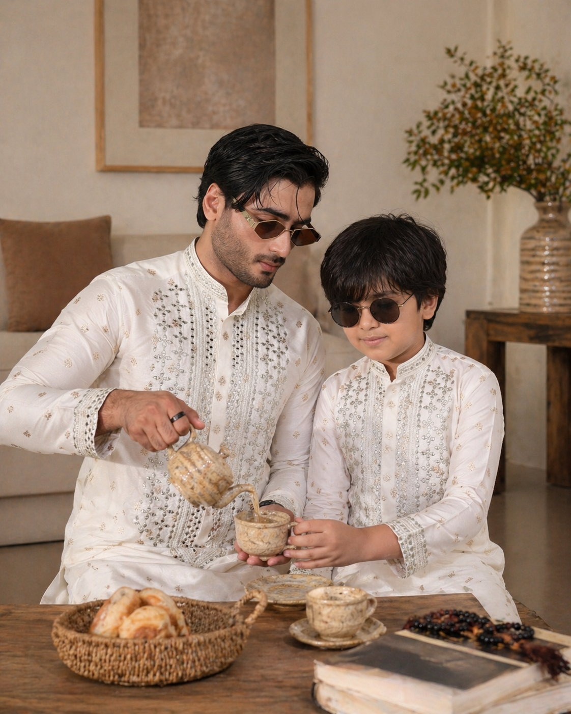 Elegant white mirror work kurta for dad and son