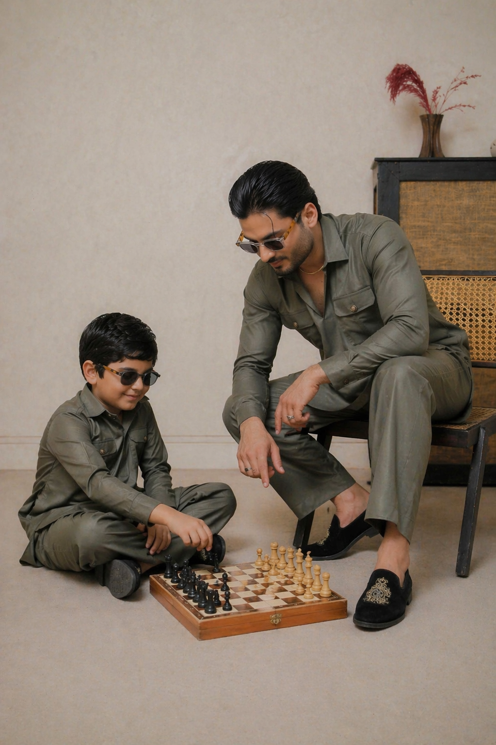 Father son olive green kurta pajama traditional wear