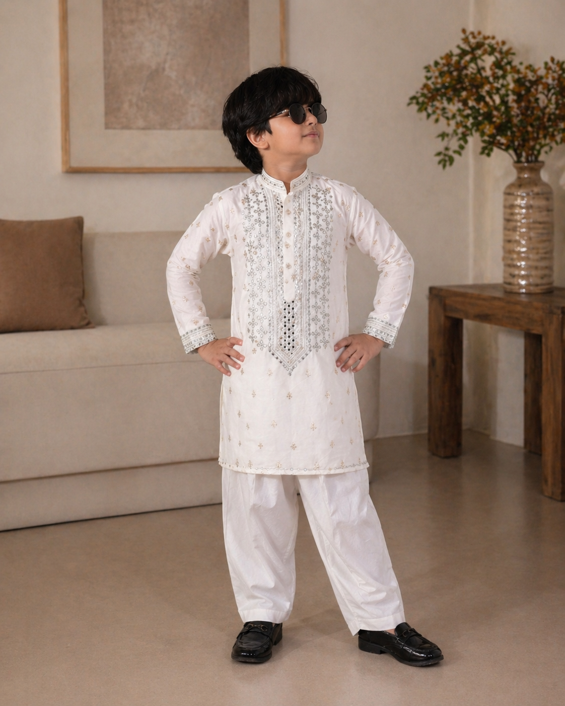 Father son white mirror kurta traditional outfit