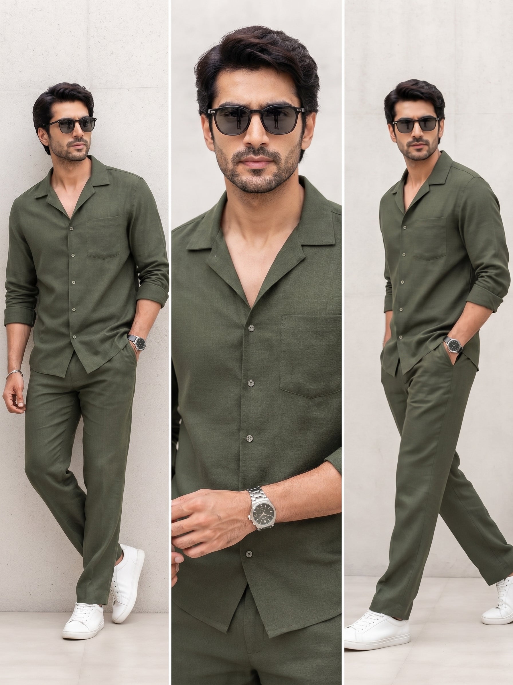 Olive Green Resort Linen Co-Ord Set for Men
