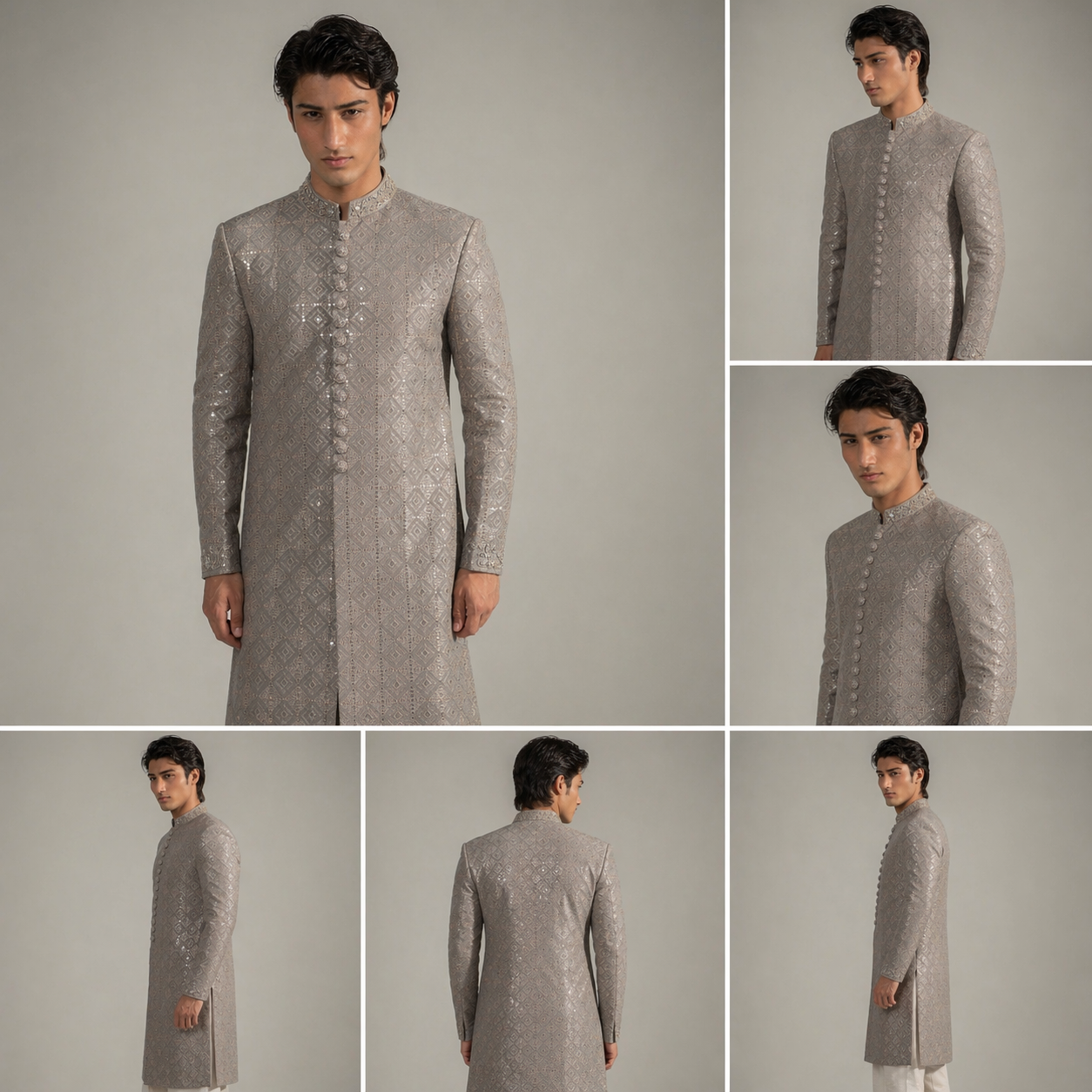 Gray embroidered sherwani worn by a model