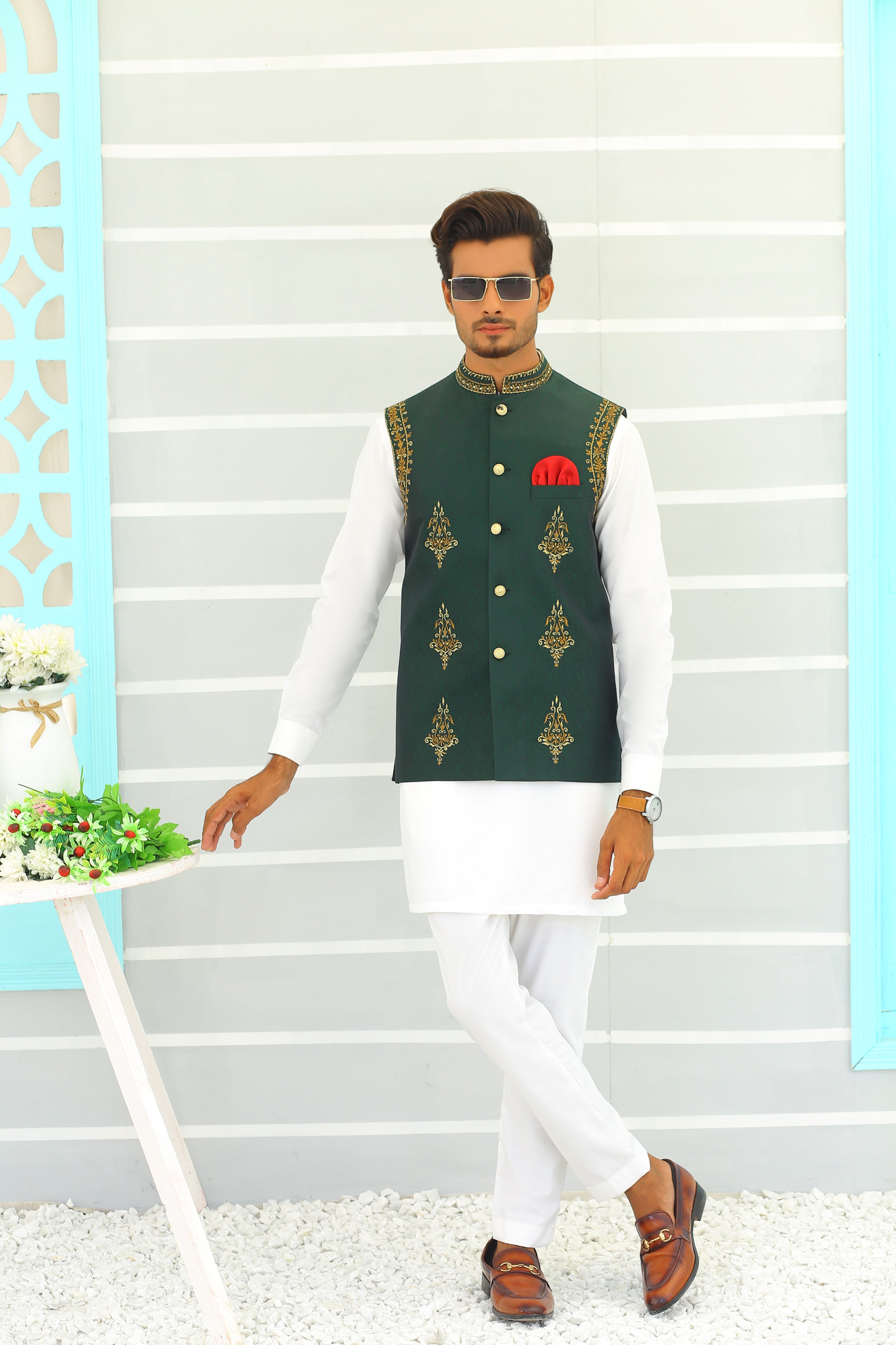 ER WC 1061 Green Copper Embroidery Waistcoat