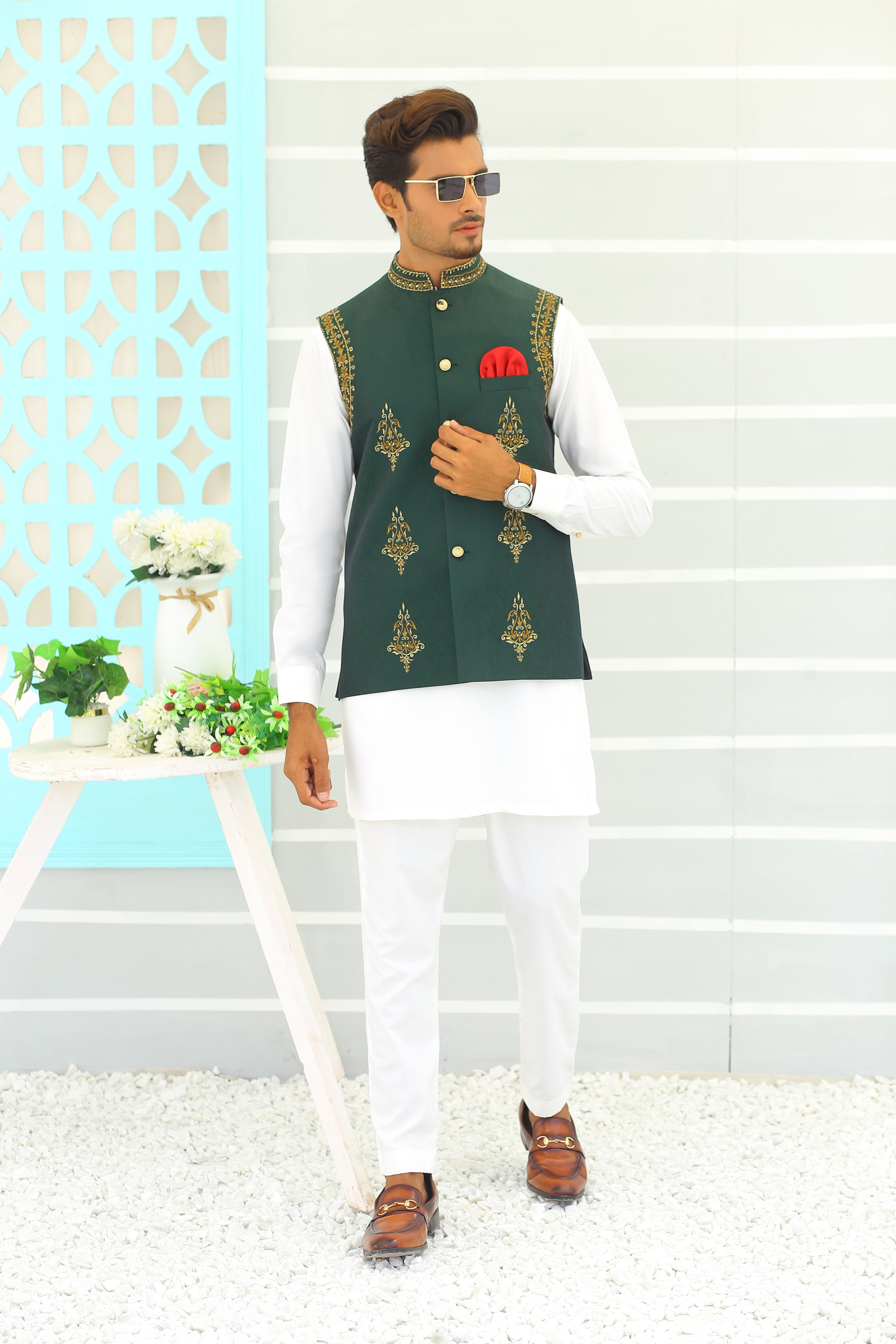 ER WC 1061 Green Copper Embroidery Waistcoat