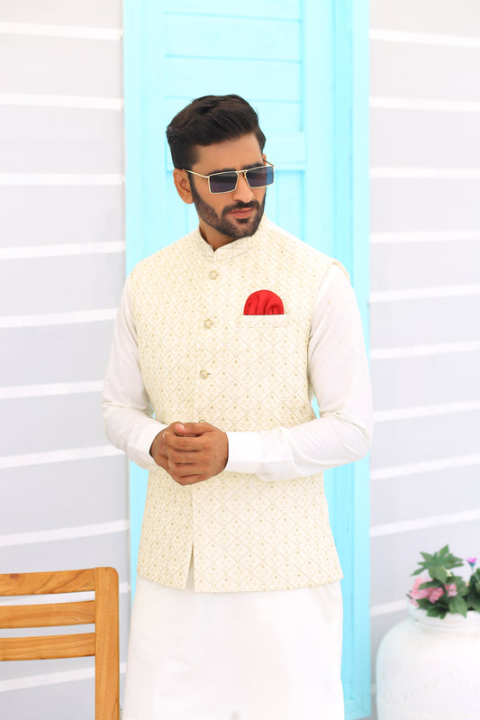 ER WC 1095 Off White Embroidered Waistcoat