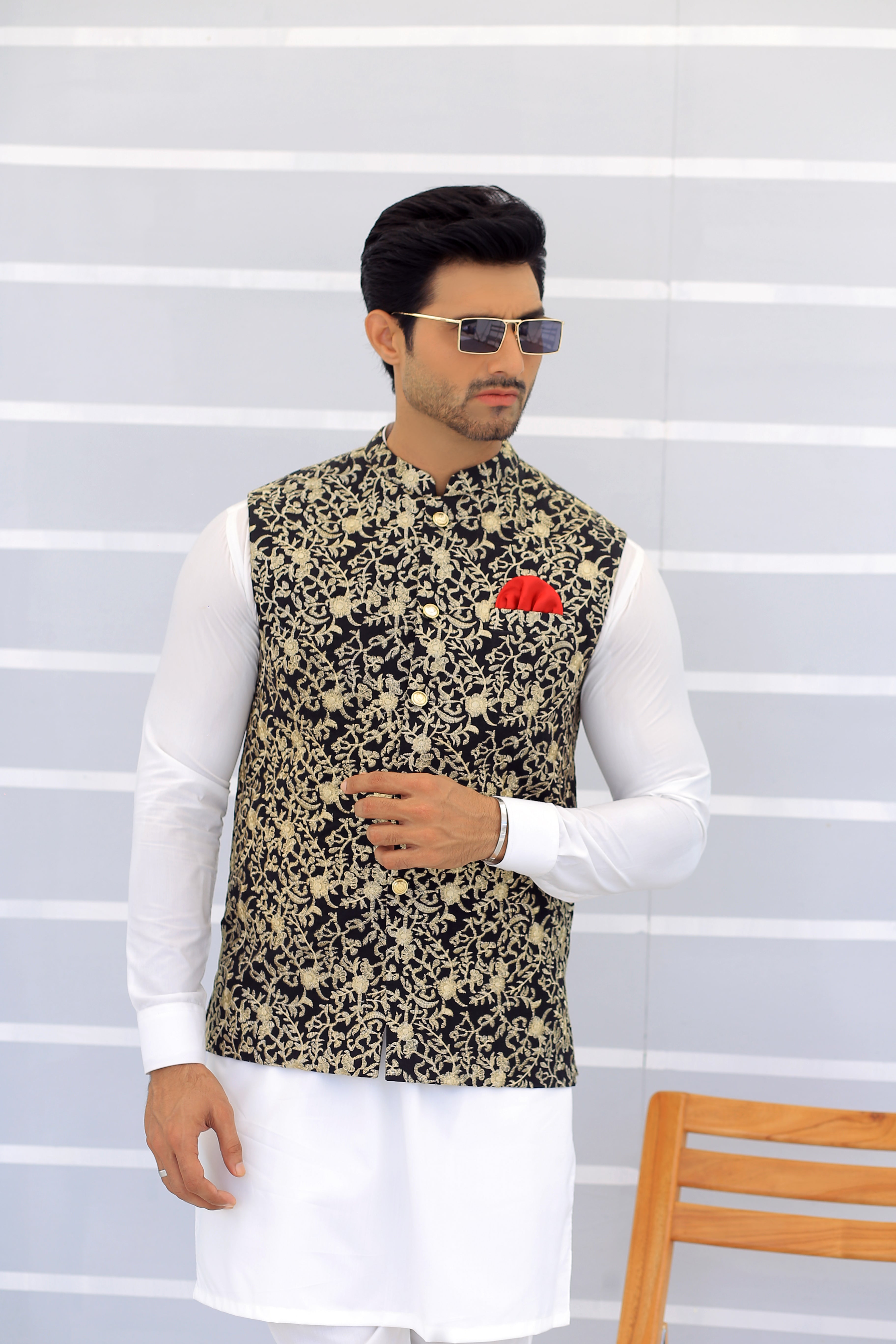 ER WC 1099 Black Golden Embroidered Waistcoats For Men