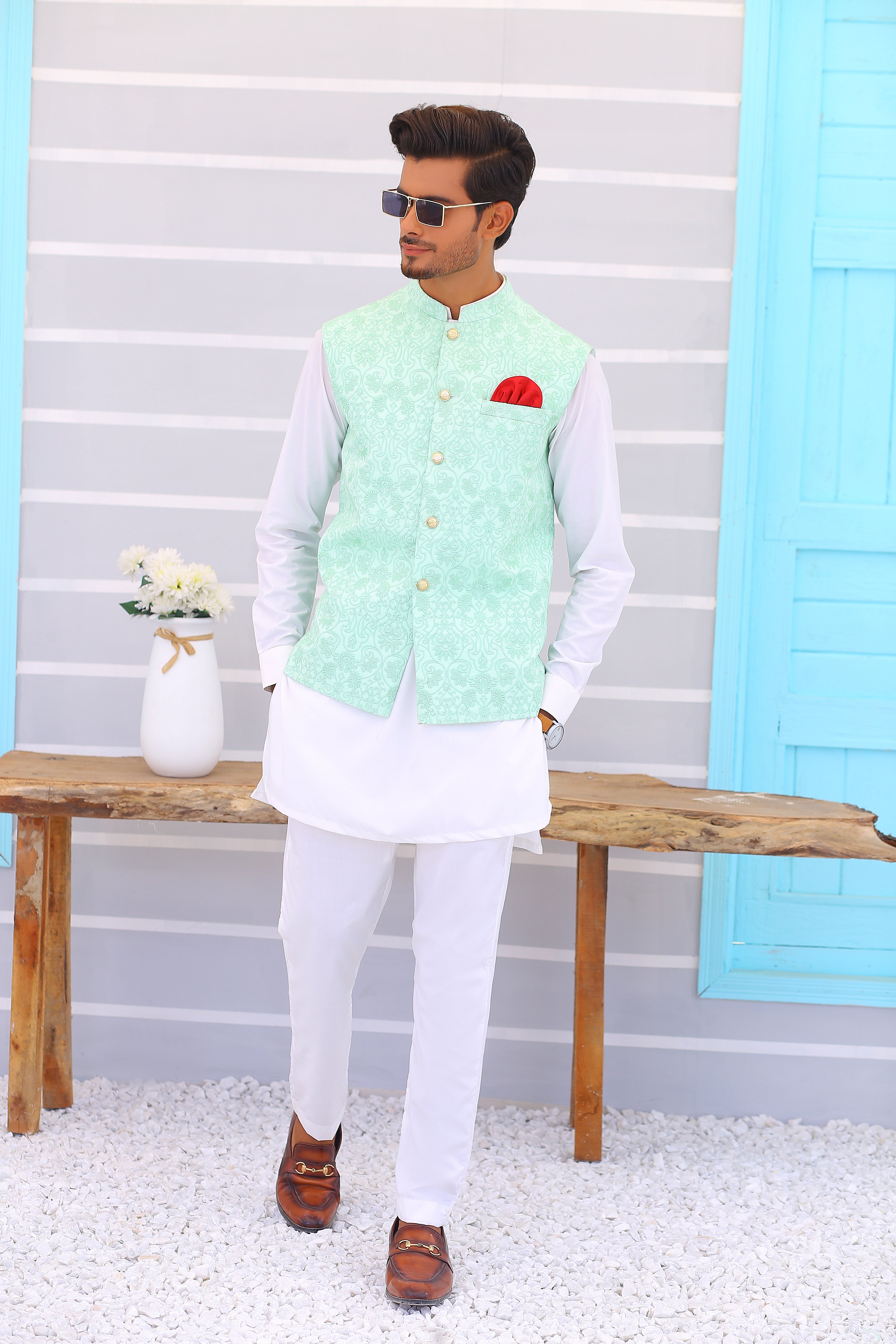 ER WC 1092 Light Blue Embroidered Waistcoat