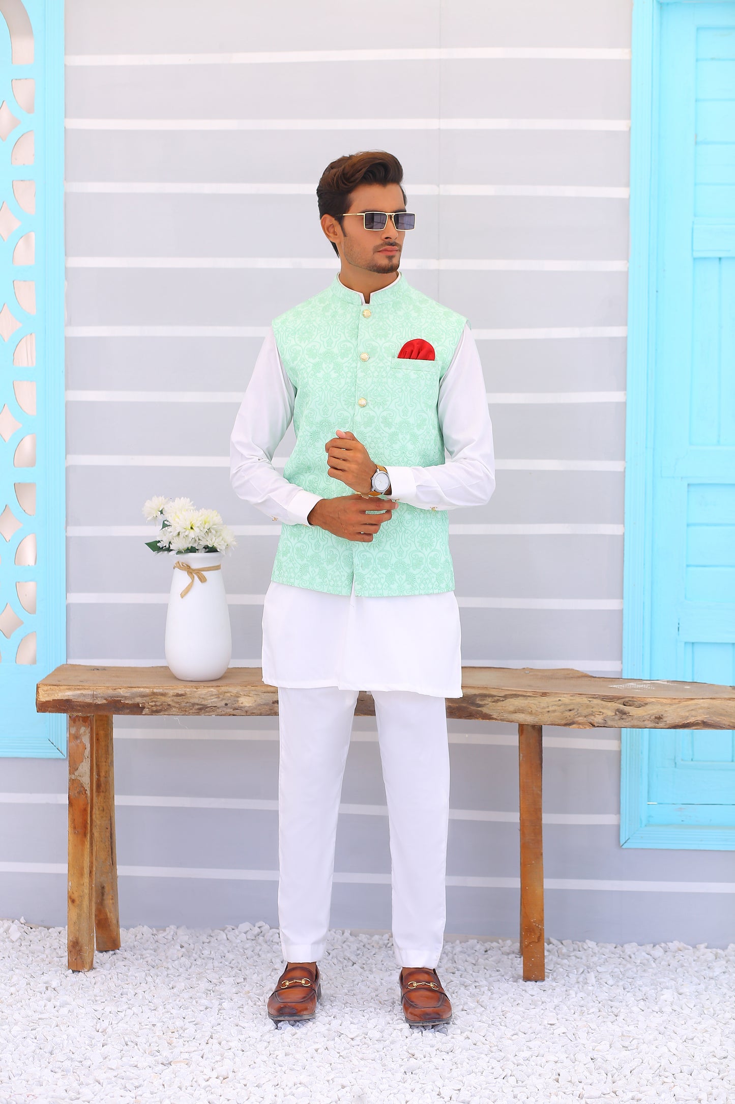 ER WC 1092 Light Blue Embroidered Waistcoat