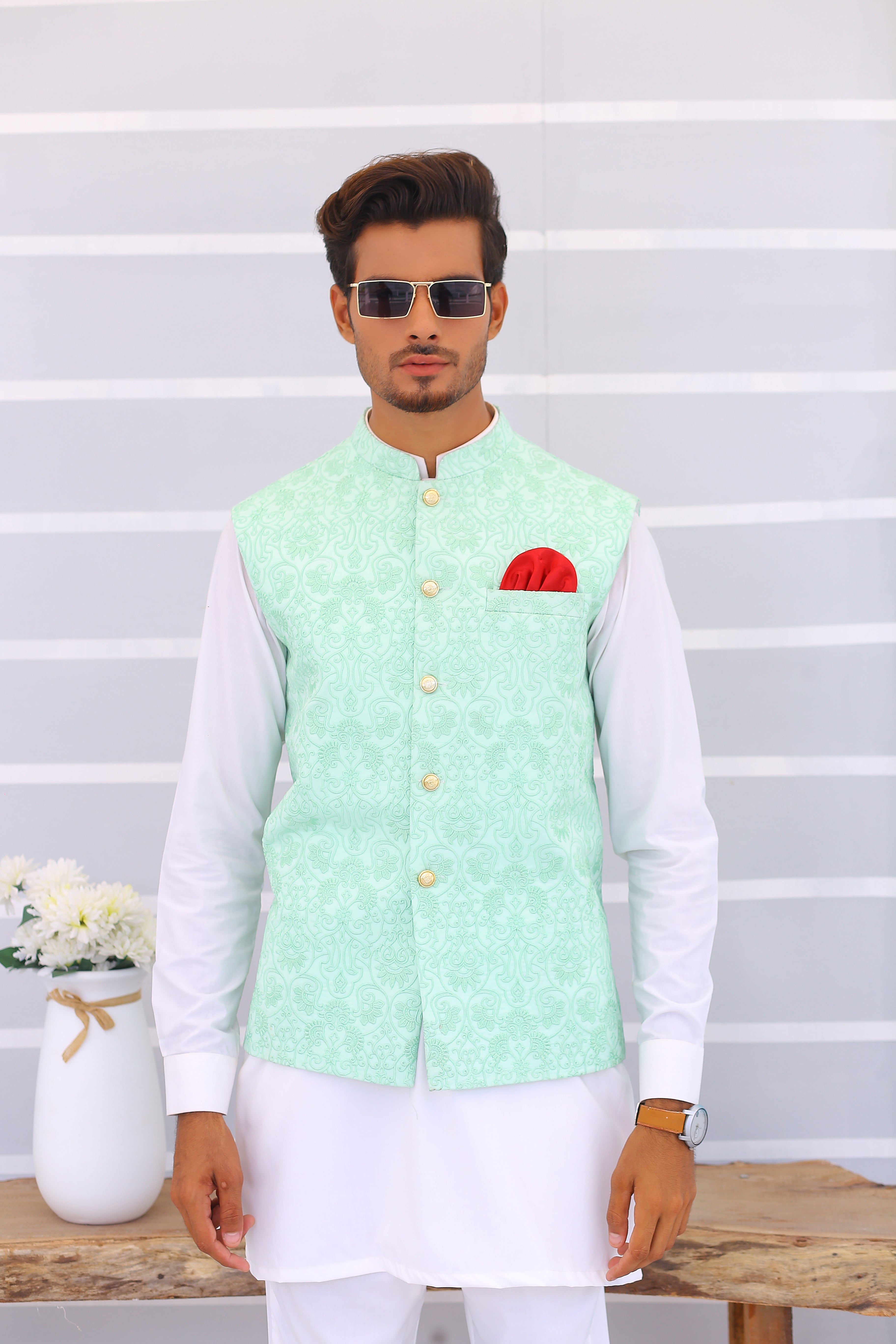 ER WC 1092 Light Blue Embroidered Waistcoat