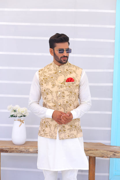 ER WC 1091 Beige Embroidered Waistcoat