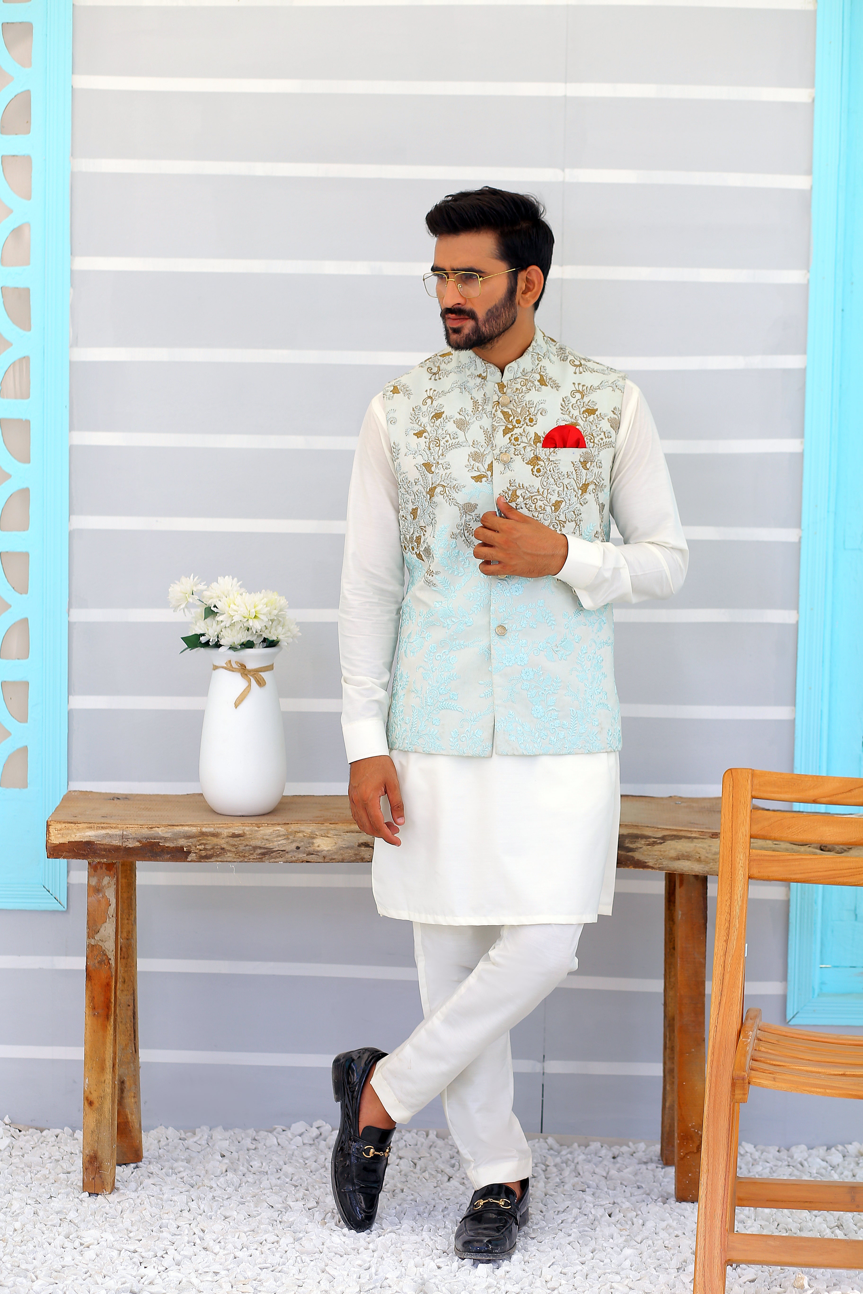 ER WC 1086 Sky Blue Embroidered Waistcooat